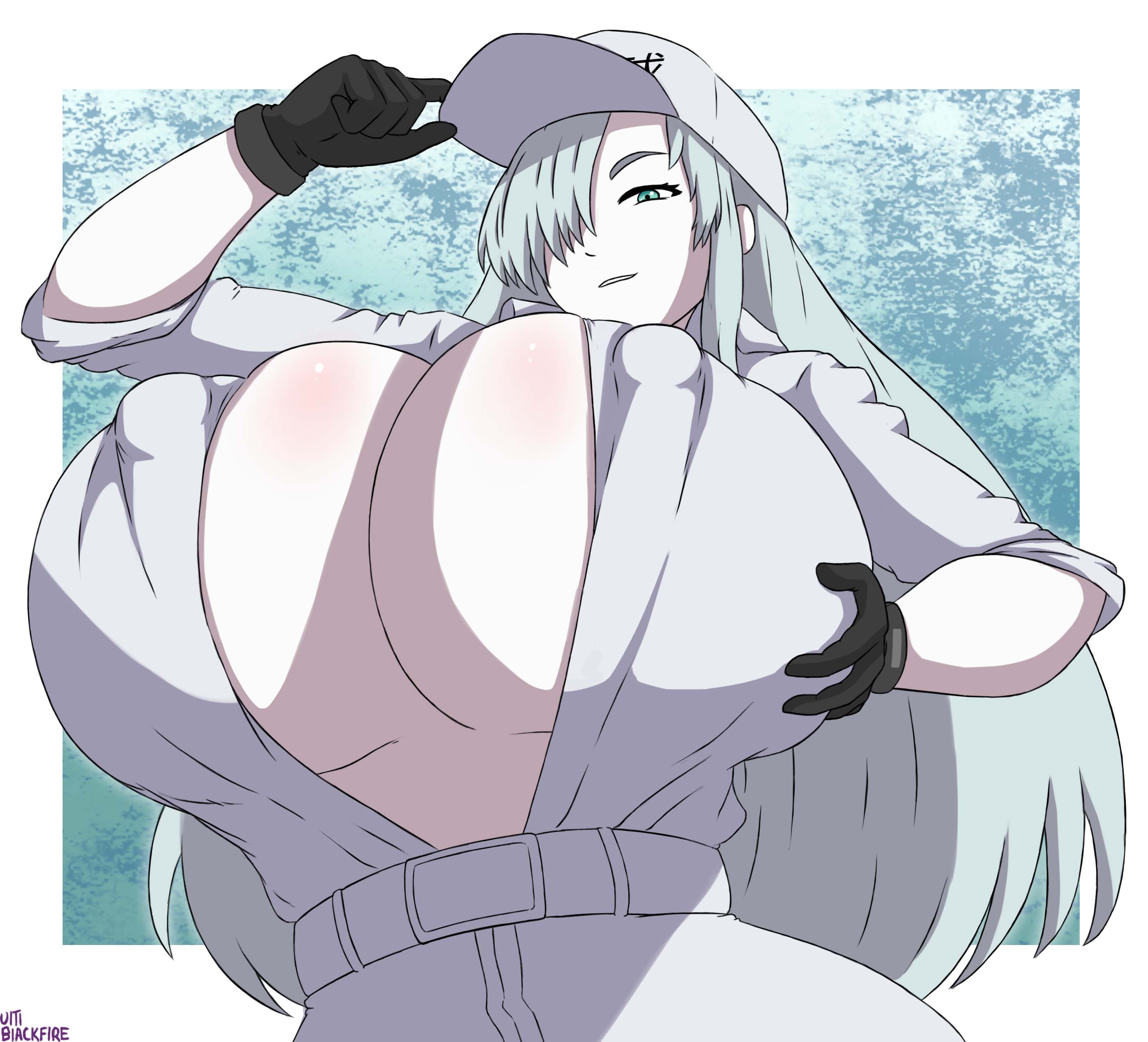 1girls, 2021, abstract background, absurd res, artist name, bedroom eyes, big breasts, boob window, breasts, busty, cap, curvaceous, curvy, curvy body, curvy female, curvy figure, digital media (artwork), eyelashes, female, female focus, female only, fingers, gloves, grey eyes, hat, hataraku saibou, hataraku saibou black, hi res, holding breast, huge breasts, light skin, light-skinned female, long hair, looking at viewer, nipple outline, one eye obstructed, seductive, signature, simple background, solo, teal eyes, u-1196, ultiblackfire, voluptuous, white background, white blood cell (hataraku saibou)
