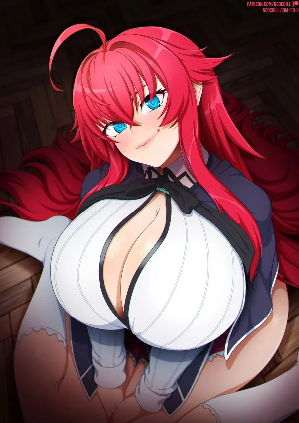 1girls :} big_breasts blue_eyes blush blushing cleavage demon_girl hands_on_knees high_school_dxd horny_female huge_breasts imminent_fellatio imminent_sex imminent_titjob looking_at_viewer neocoill red_hair rias_gremory school_uniform schoolgirl solo thick_thighs thighs white_socks