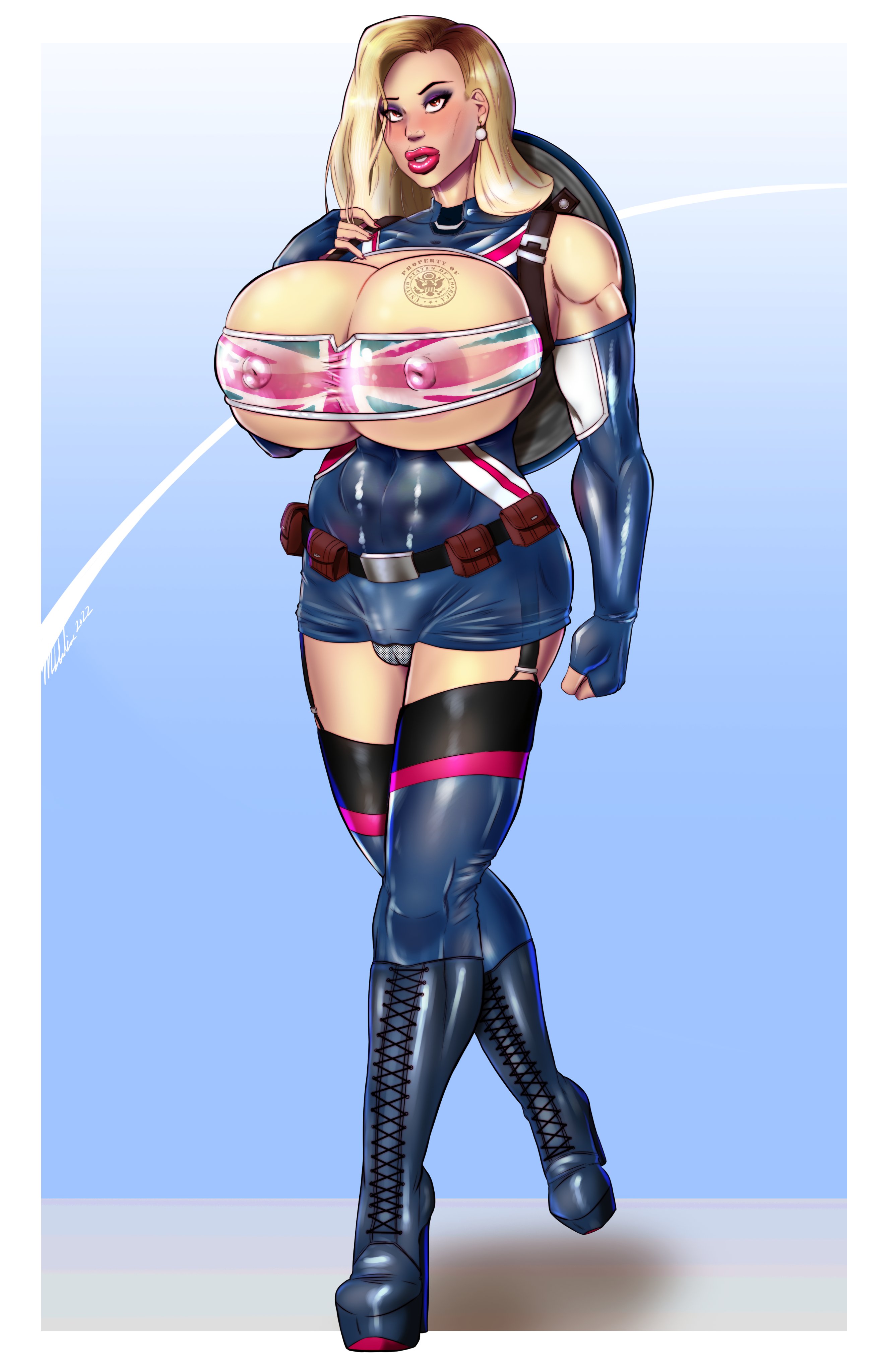 1girls, abs, areolae, bare shoulders, biceps, big breasts, bimbo, blonde hair, breasts, busty, cameltoe, captain america (series), captain carter, cleavage, earrings, elbow gloves, english text, female, female focus, female only, full body, hotsriracha, hourglass figure, large breasts, latex, latex suit, lipstick, marvel, marvel comics, muscles, muscular, muscular female, nipples, peggy carter, pussy, see-through, see-through clothing, skimpy, skimpy clothes, skin tight, solo, solo female, standing, tagme, text, underboob, what if...?, wide hips