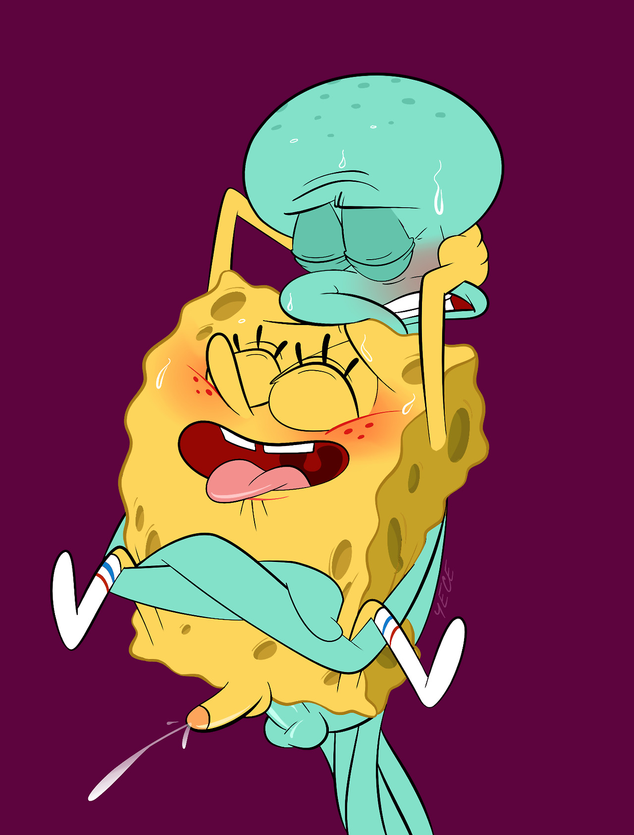 2022, 2boys, artist upload, behind, cephalopod, cum, ejaculation, gay, gay sex, happy, male, male only, nickelodeon, octopodiform, octopus, sea sponge, semen, smooth skin, spongebob squarepants, spongebob squarepants (character), squidward tentacles, sweat, yece