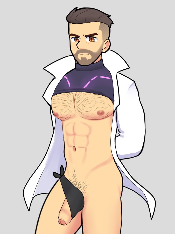 1boy abs bara beard black_ribbon brown_hair fanart gay hairy lab_coat light_brown_eyes male male_only nintendo penis penis_out penis_ribbon pokemon pokemon_sv professor_turo pubic_hair serious_look serperoir shirt_up simple_background tied_up uncut