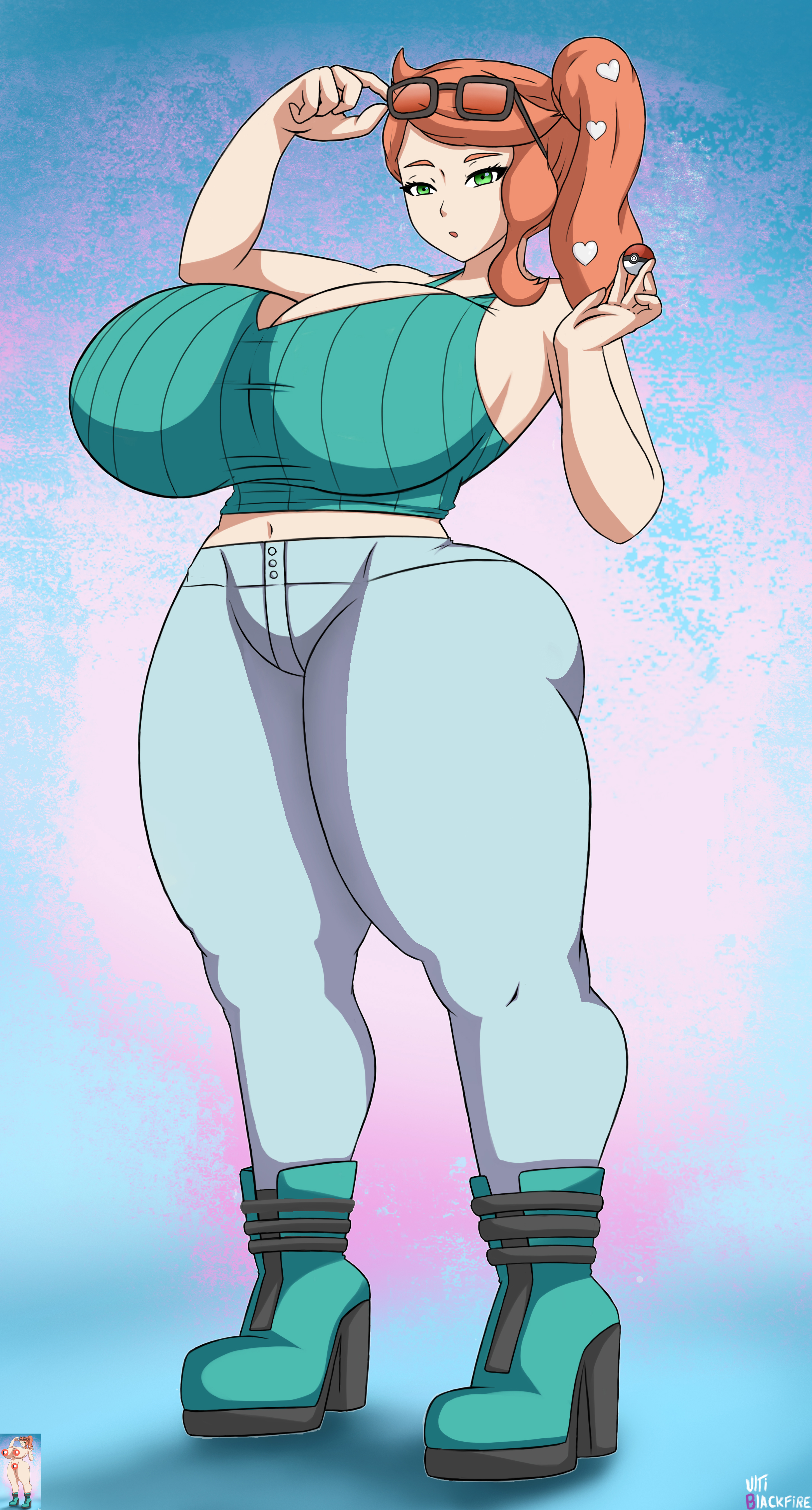 1girls, 2021, 4k, abstract background, absurd res, alternate breast size, artist name, ass, big breasts, breasts, cleavage, curvaceous, curvy, curvy body, curvy female, curvy figure, digital media (artwork), eyelashes, eyewear on head, female, female focus, female only, green eyes, hi res, high heels, huge breasts, hyper, hyper ass, hyper breasts, hyper thighs, jeans, light skin, light-skinned female, looking at viewer, midriff, nintendo, orange hair, pokemon, pokemon ss, ponytail, signature, simple background, solo, sonia (pokemon), standing, sunglasses, sunglasses on head, tank top, thick thighs, ultiblackfire, voluptuous, wide hips