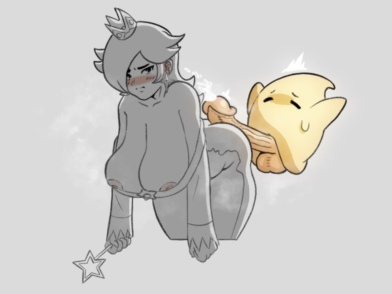 1boy, 1girls, big breasts, big penis, blonde female, breasts, female, larger female, luma, male, mario (series), monochrome, nintendo, penis, princess rosalina, size difference, small but hung, smaller male, super mario galaxy, tagme