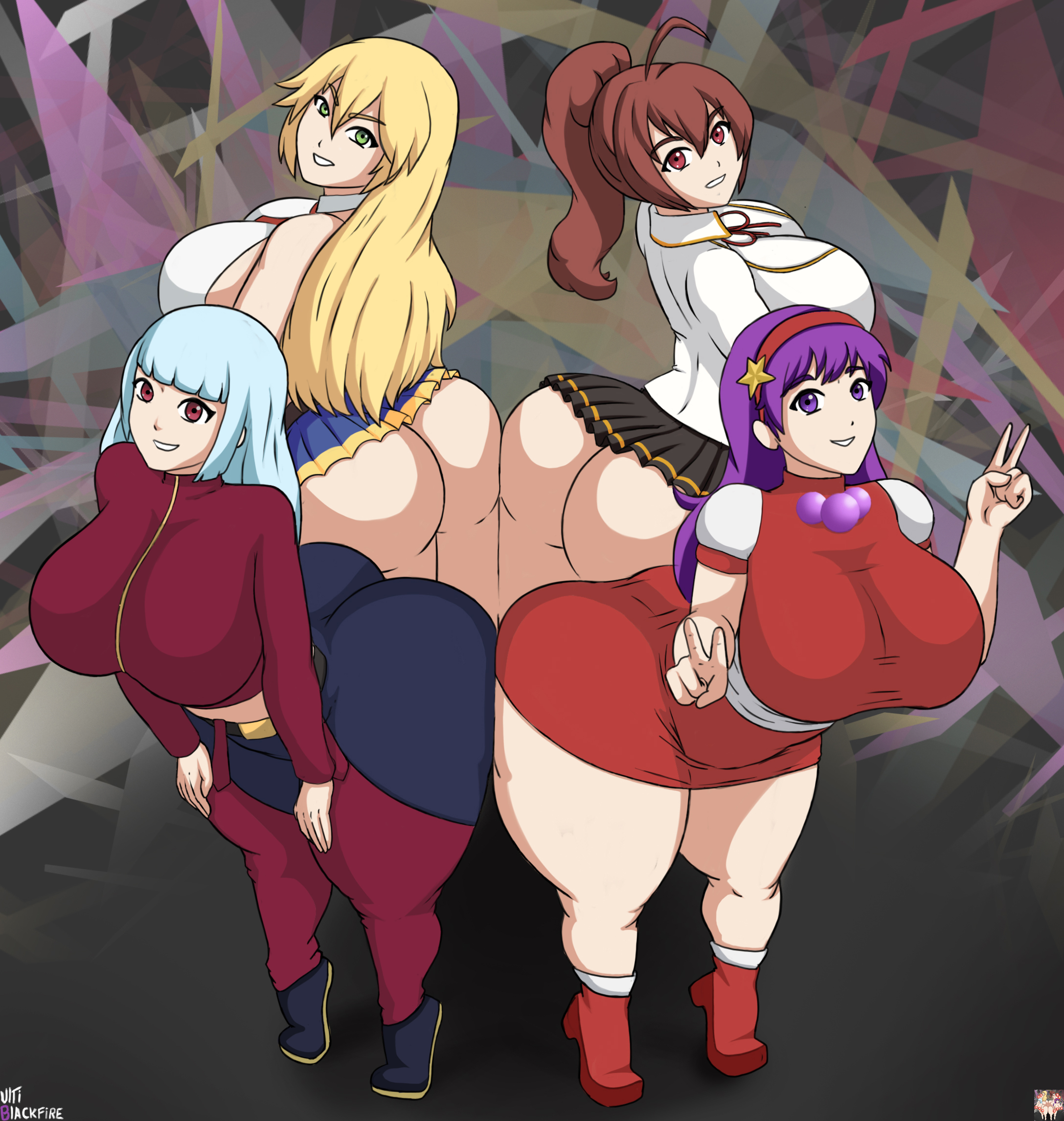 2021, 4girls, abstract background, absurd res, arc system works, artist name, ass, athena asamiya, bent over, big ass, big breasts, big butt, blazblue, blonde hair, blue eyes, breasts, bubble ass, bubble butt, busty, butt squish, celica a mercury, crossover, curvaceous, curvy, curvy body, curvy female, curvy figure, digital media (artwork), dress, eyelashes, female, female focus, female only, fingers, green eyes, group, hi res, high heels, hourglass figure, huge ass, huge breasts, huge butt, king of fighters, kula diamond, large breasts, light skin, light-skinned female, long hair, looking at viewer, looking back, multiple females, multiple girls, noel vermillion, ponytail, purple eyes, purple hair, red eyes, red hair, round ass, signature, simple background, skirt, smile, snk, teeth, thick ass, thick thighs, ultiblackfire, voluptuous, wide hips