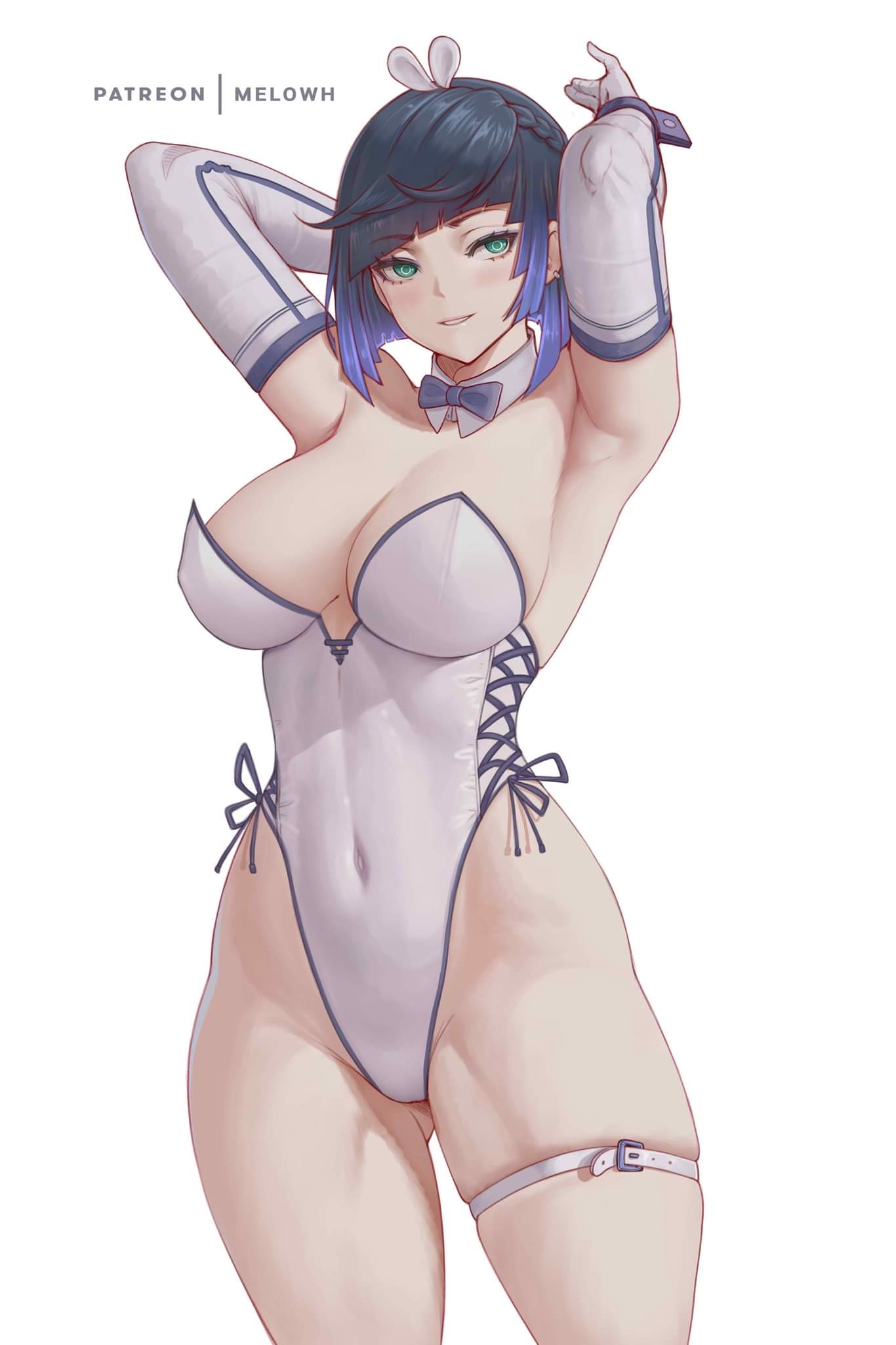 1girls, armpits, big breasts, breasts, female, female only, genshin impact, leotard, melowh, thick thighs, thigh strap, yelan (genshin impact)