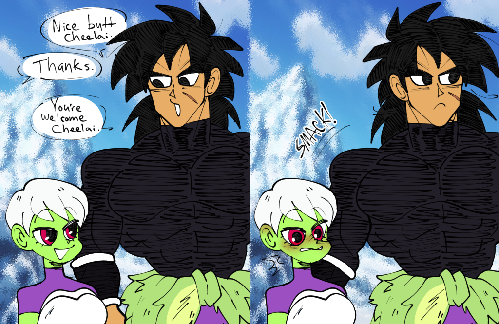 1boy 1girls ass_slap blush broly broly_(dragon_ball_super) butt_smack cheelai comic comic_page dialogue dragon_ball english_dialogue english_text female fully_clothed funny humor jamvcr male straight taller_male