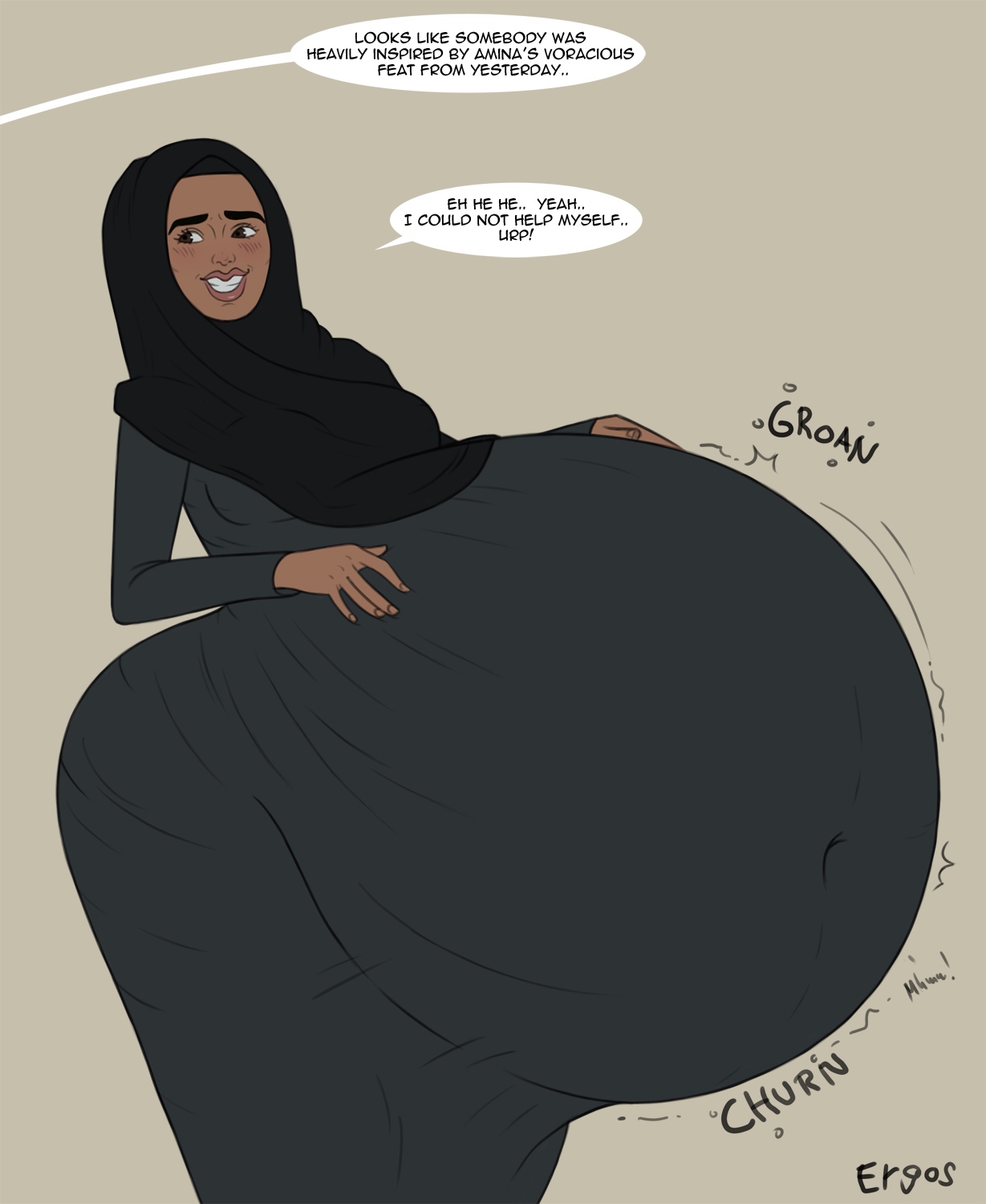 1girls, after vore, ambiguous gender, ambiguous prey, belly, big belly, black clothing, black dress, blush, breasts, clothing, dark skin, dark-skinned female, dialogue, digestion, dress, english text, ergos, female, female pred, gigantic belly, hijab, huge belly, large belly, massive belly, middle eastern, middle eastern female, muslim, onomatopoeia, rumbling stomach, speech bubble, stomach noises, text, tight clothes, tight clothing, vore