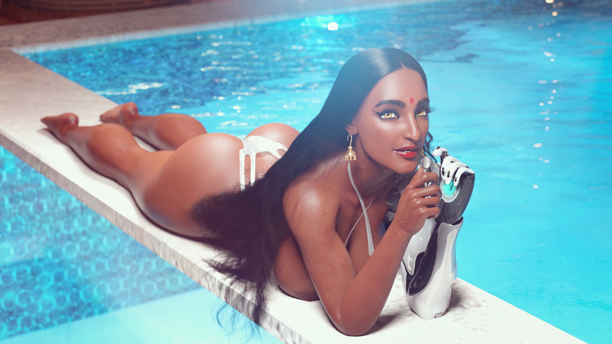 1girls, 3d, ass, barefoot, big ass, big breasts, black hair, breasts, busty, dark skin, dark-skinned female, feet, female, female focus, french nails, hourglass figure, indian, indian female, looking at viewer, noahgraphicz, nude, overwatch, pool, poolside, solo, symmetra, thong, yellow eyes
