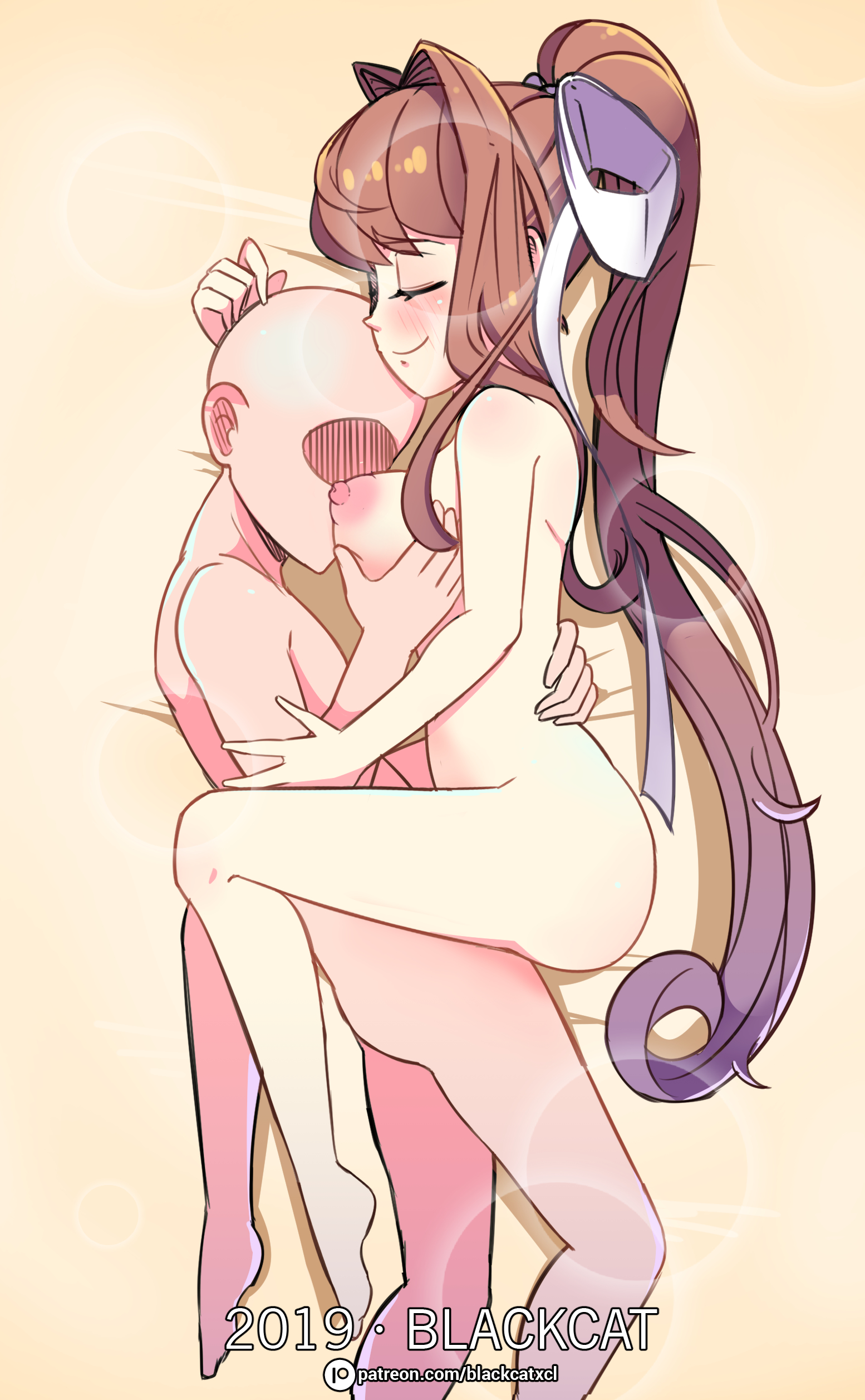 1boy, 1girls, anon, blackcat18up, blackcatxcl, blush, breasts, closed eyes, cuddling, doki doki literature club, duo, female, hairbow, long hair, male, monika (doki doki literature club), nipples, nude, player, ponytail, romantic, romantic couple, straight, wholesome, you