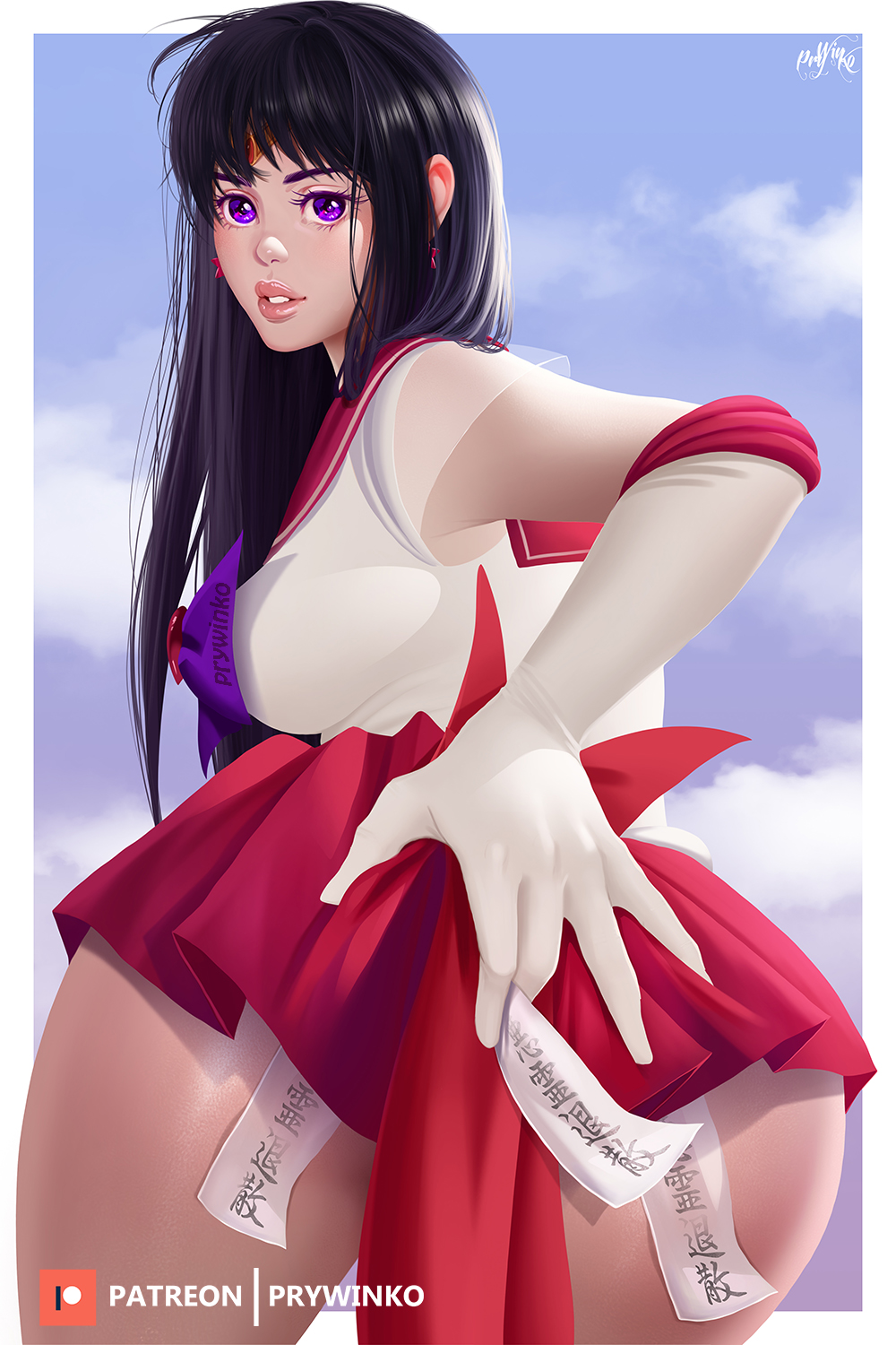 bishoujo senshi sailor moon, black hair, breasts, clothing, female, looking at viewer, pinup, prywinko, purple eyes, rei hino, sailor mars, skirt, small breasts