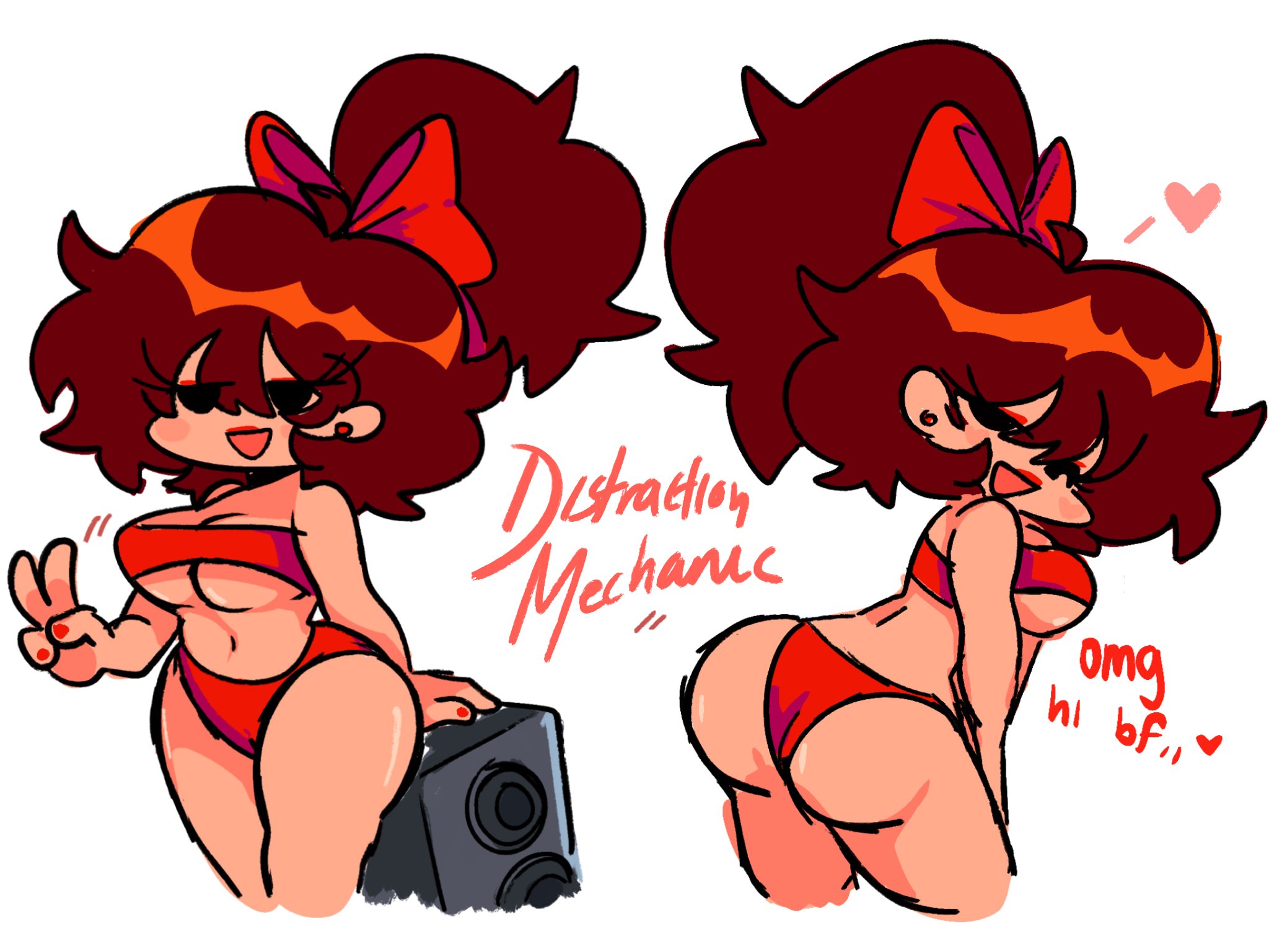 ass, bowtie, brown hair, female, female only, friday night funkin, girlfriend (friday night funkin), makeup, panties, peace sign, shading, solo, speaker, starcanreallybe, tagme