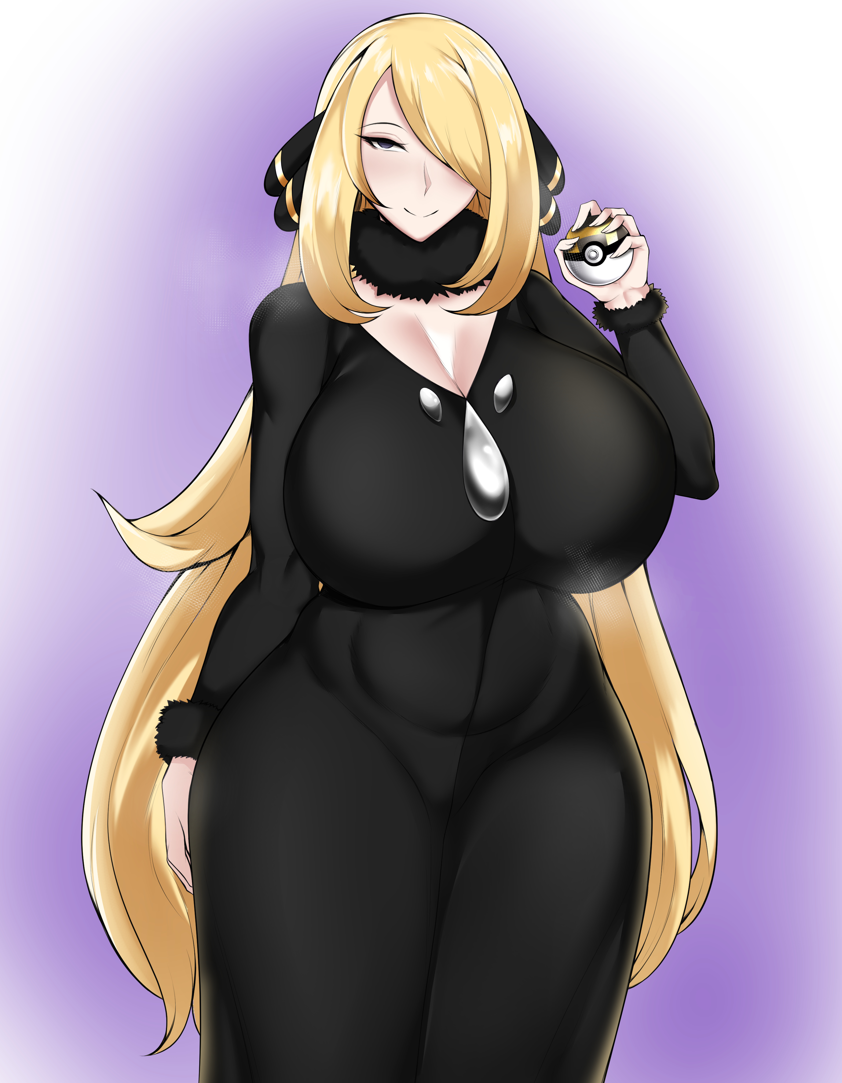 alternate breast size, blonde hair, breasts, curvaceous, curvy, curvy body, curvy female, curvy figure, cynthia (pokemon), female, game freak, hair covering eye, hi res, highres, huge breasts, human, large breasts, long hair, looking at viewer, mature female, naughty face, nintendo, owner (artist), plump, pokemon, pokemon dppt, seductive, seductive smile, thick thighs, voluptuous