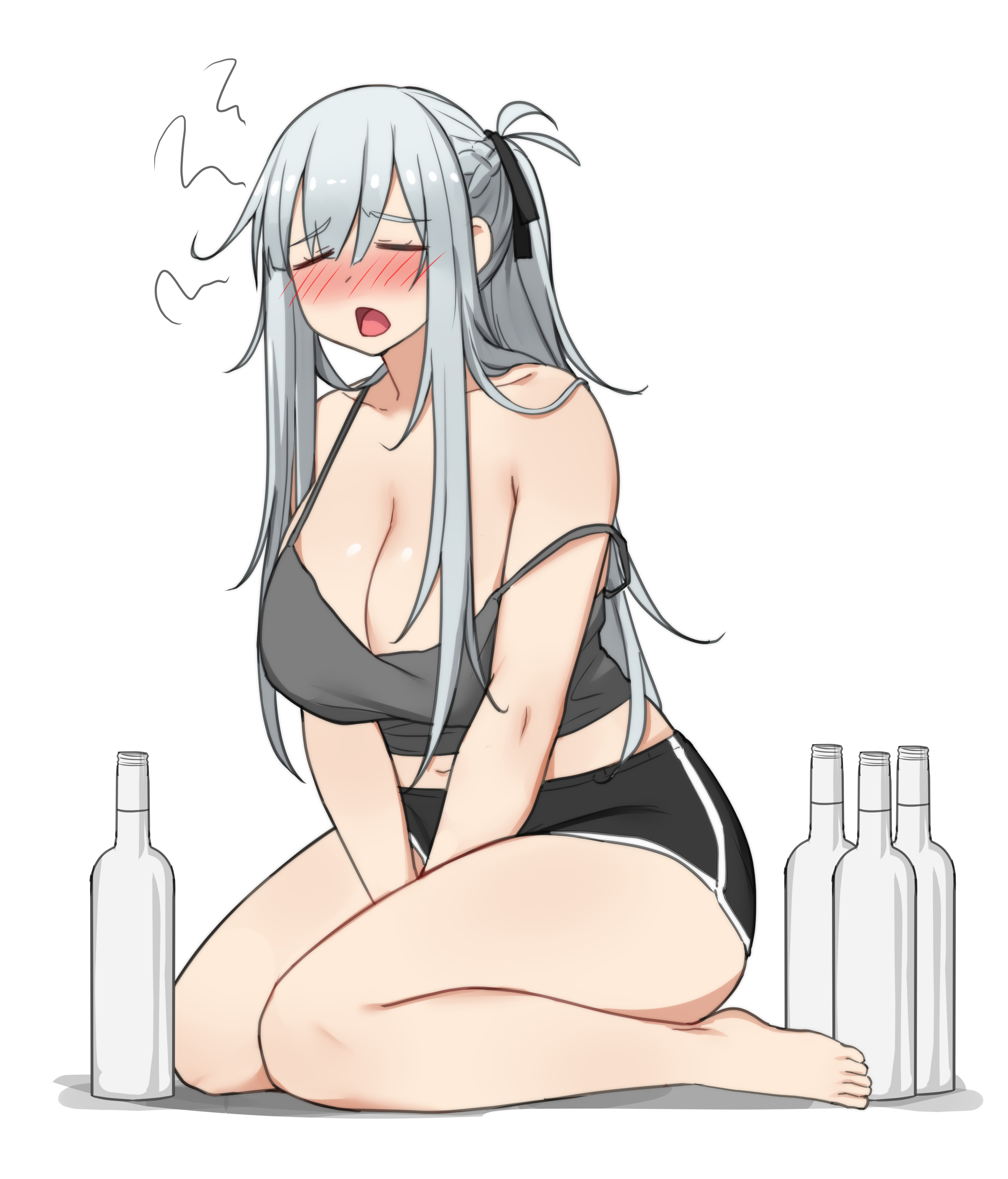absurdres, ak-12 (girls' frontline), bangs, barefoot, black shorts, blush, bottle, braid, breasts, camisole, cleavage, closed eyes, dolphin shorts, drunk, female, girls' frontline, hair between eyes, highres, huge breasts, long hair, midriff, navel, open mouth, samyukgoo369, short shorts, shorts, silver hair, simple background, sitting, solo, white background