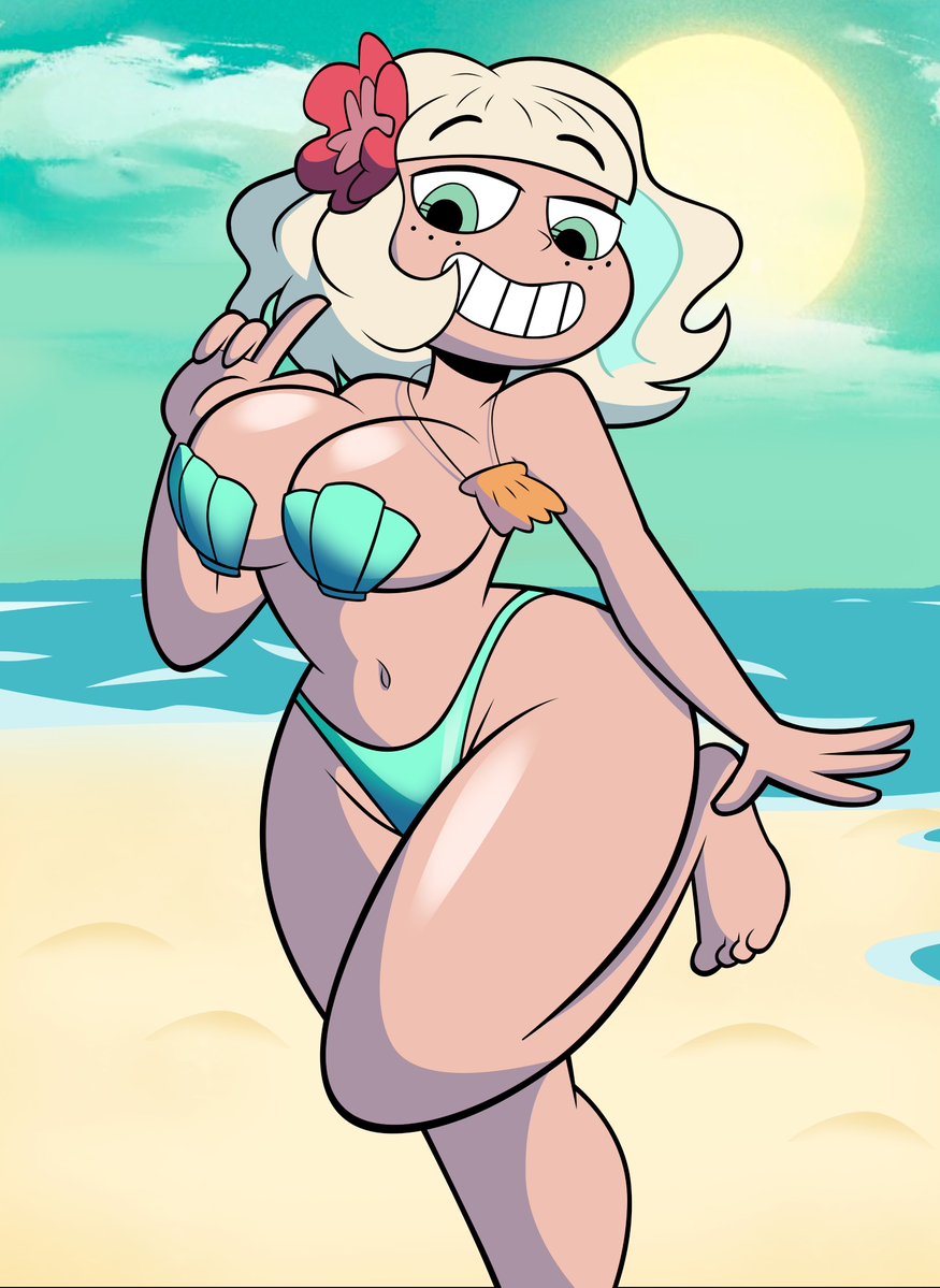 1girls bean_smile big_breasts bikini bikini_top blonde_hair breasts cleavage disney disney_channel disney_xd female female_only green_bikini green_eyes grimphantom jackie_lynn_thomas seashell_bra shell_bra solo star_vs_the_forces_of_evil tan-skinned_female teeth thick_thighs white_female wide_hips