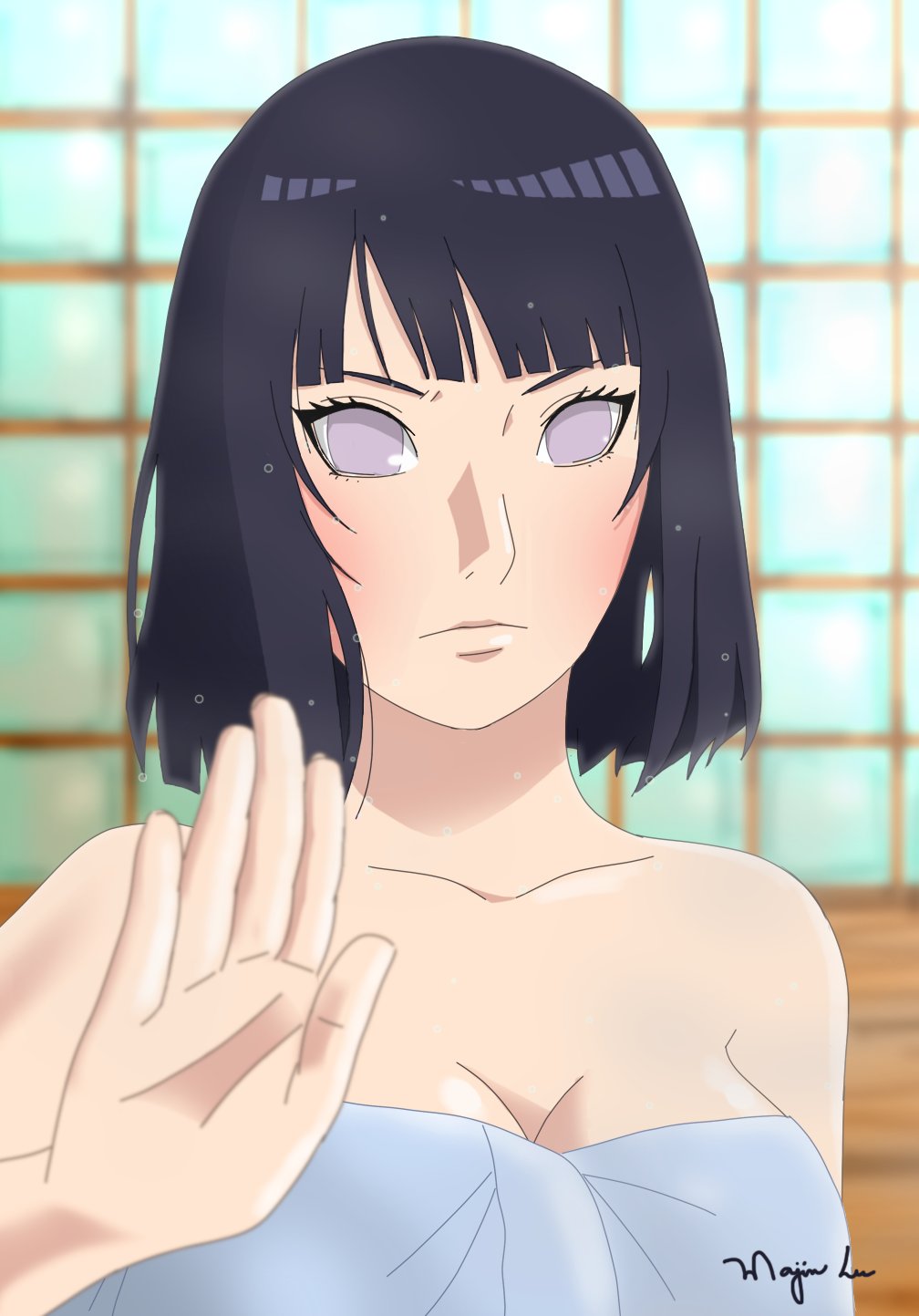 1girls bare_shoulders bath_towel blue_hair blush bob_cut boruto:_naruto_next_generations cleavage female female_focus female_only hyuuga_hinata majin_lu mature mature_female medium_hair milf naruto naruto_(series) pale-skinned_female pale_skin pose posing purple_eyes shoulder_length_hair shounen_jump solo solo_female solo_focus towel towel_only voluptuous