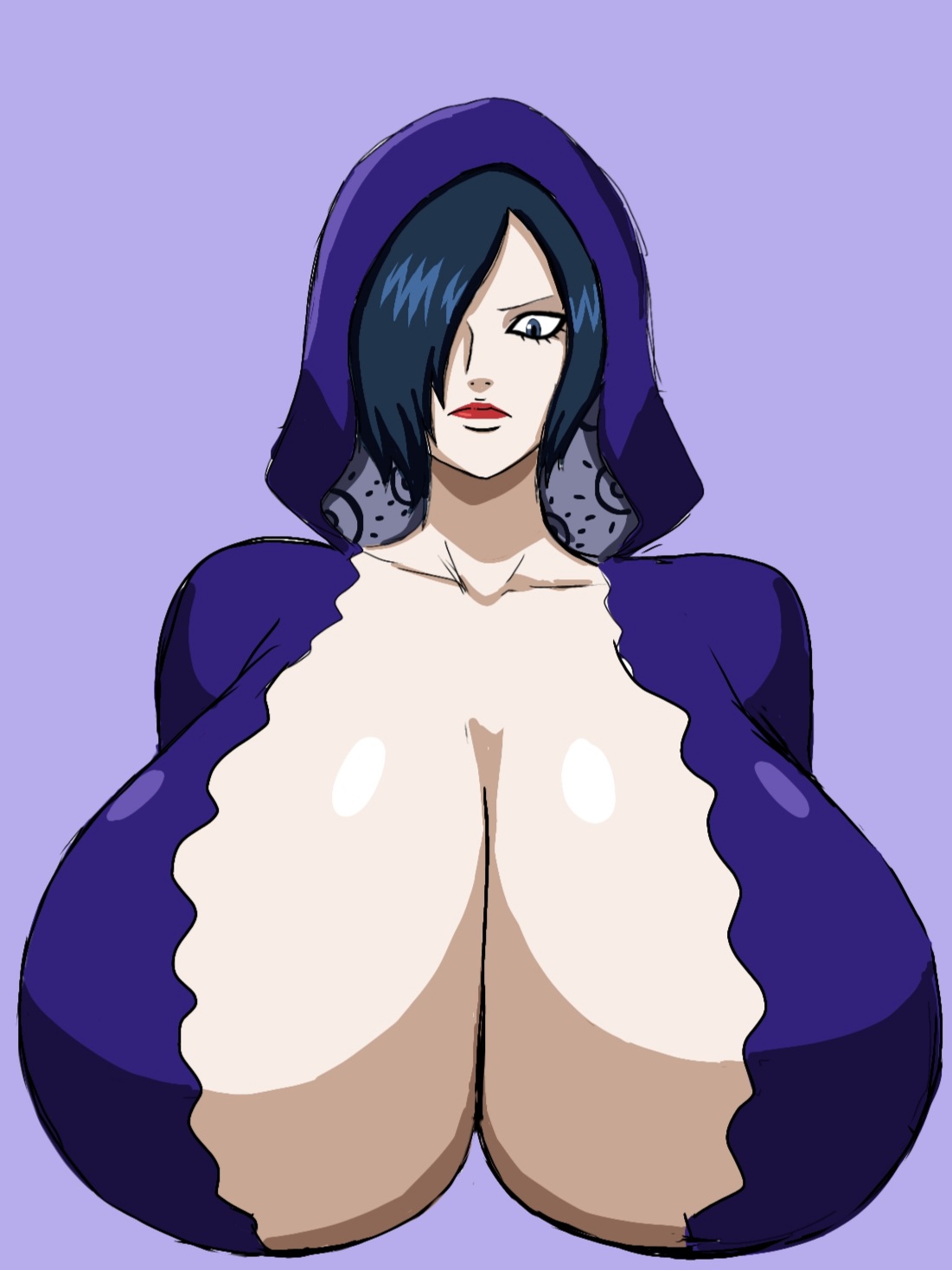 1girls, alternate breast size, big breasts, blue eyes, blue hair, breasts, cleavage, clothing, collarbone, eyelashes, eyeliner, female, female focus, female only, frown, gigantic breasts, hair over one eye, highres, hood, huge breasts, humanoid, large breasts, lips, lipstick, looking at viewer, looking down, madame shyarly, makeup, merfolk, mermaid, momiji (artist), one piece, pinup, purple background, red lipstick, shiny skin, short hair, shortfin mako shark, simple background, solo, solo female, voluptuous