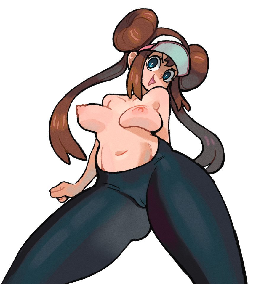 1girls, arm behind back, blue eyes, breasts, breasts out, brown hair, cameltoe, cowboy shot, double bun, edu pompom, eyelashes, female, female pokemon protagonist, human, human only, looking at viewer, navel, nintendo, nipples, open mouth, pantyhose, partially clothed, pokemon, pokemon (game), pokemon bw2, pokemon protagonist, pussy, rosa (pokemon), simple background, smile, thick thighs, thighs, topless, v-shaped eyebrows, visor cap, white background
