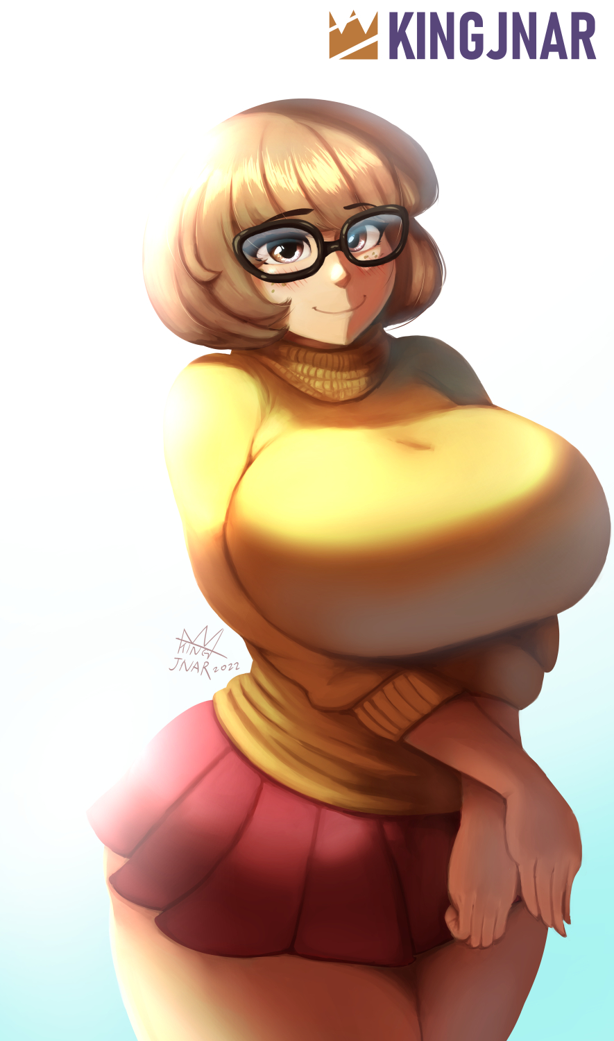 1girls, alternate body type, alternate breast size, big breasts, breasts, breasts bigger than head, brown eyes, brown hair, busty, curvaceous, curves, curvy, curvy body, curvy female, curvy figure, female, female focus, female only, glasses, huge breasts, kingjnar, large breasts, looking at viewer, nerd, nerdy female, plump, scooby-doo, seductive, short hair, signature, skirt, solo, solo female, sweater, text, thick, thick thighs, velma dinkley, voluptuous