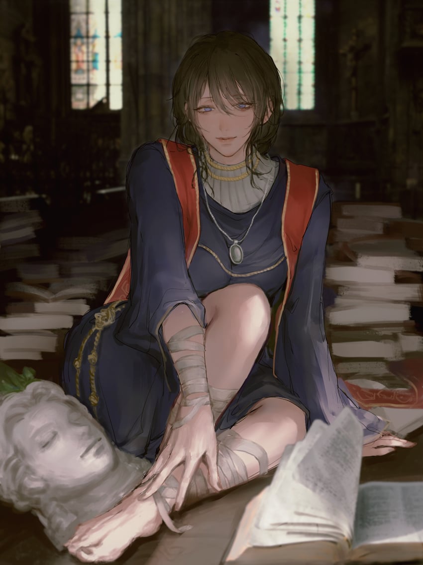 1girls, bandage, big breasts, breasts, clothing, dress, elden ring, feet, female, female only, foot fetish, fromsoftware, hachiji800, legs up, painting (artwork), solo, sorceress sellen, teacher, thighs, toes, upskirt