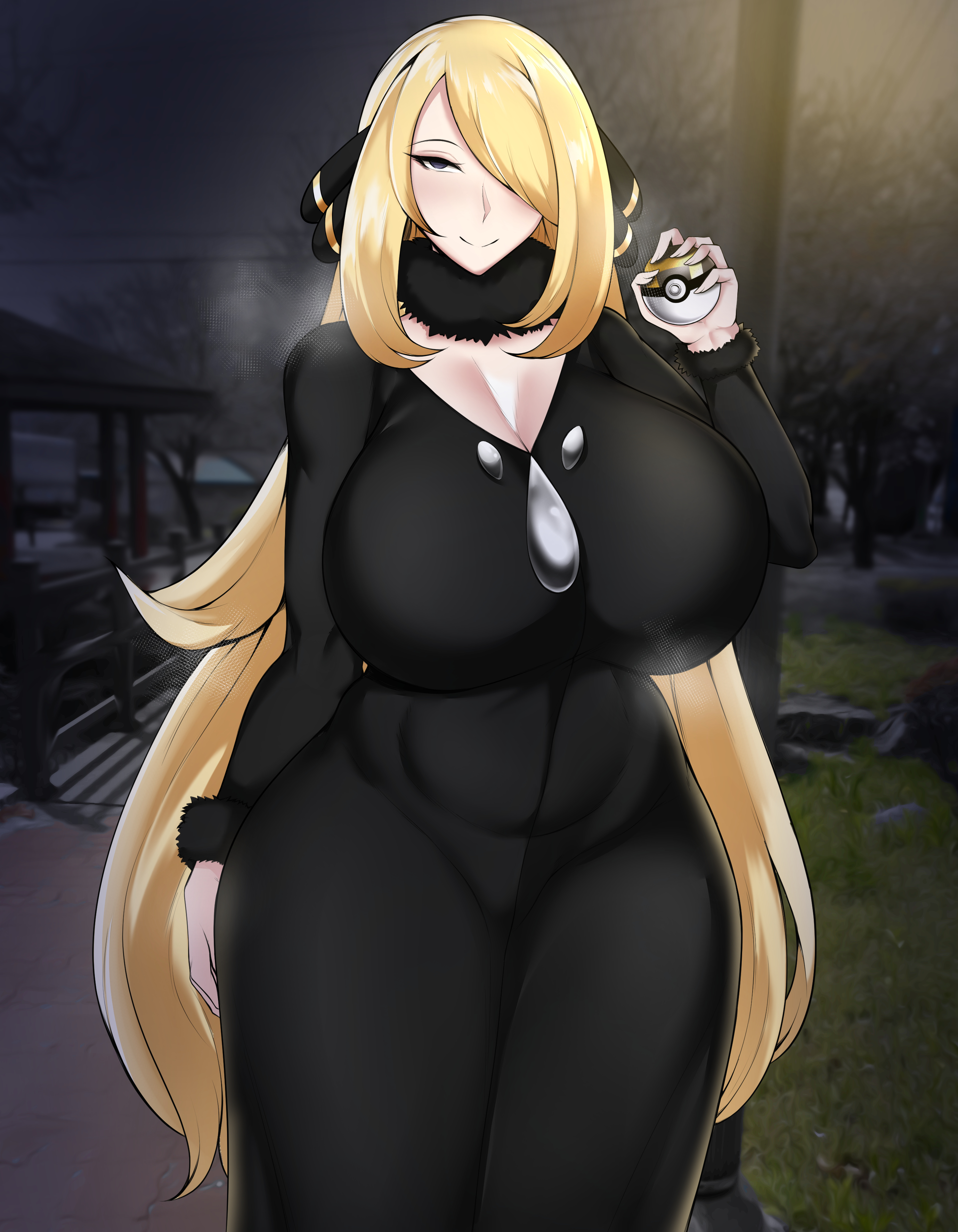 alternate breast size, blonde hair, breasts, curvaceous, curvy, curvy body, curvy female, curvy figure, cynthia (pokemon), female, game freak, hair covering eye, hi res, highres, huge breasts, human, large breasts, long hair, looking at viewer, mature female, naughty face, nintendo, owner (artist), plump, pokemon, pokemon dppt, seductive, seductive smile, thick thighs, voluptuous