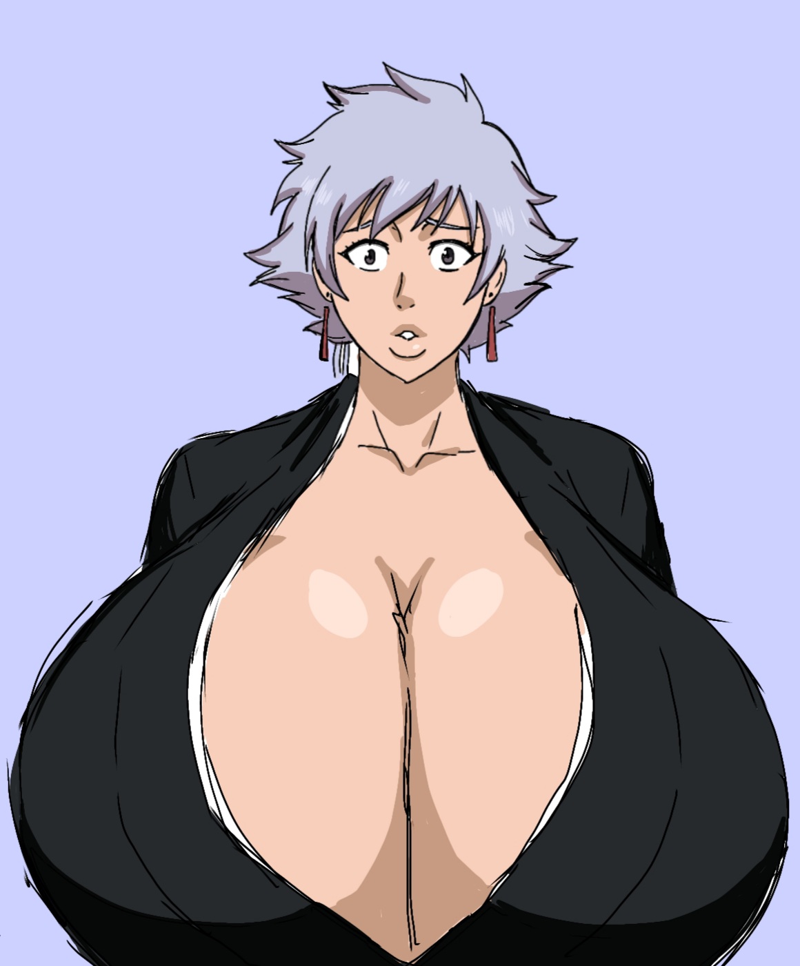 1girls, alternate breast size, bangs, big breasts, bleach, blue background, breasts, cleavage, clothing, collarbone, earrings, ero-enzo, eyelashes, female, female focus, female only, gigantic breasts, grey eyes, grey hair, highres, huge breasts, human, jewelry, kimono, kotetsu isane, large breasts, light hair, lips, looking at viewer, momiji (artist), pinup, shiny skin, shocked, short hair, silver hair, simple background, solo, solo female, thick lips, voluptuous