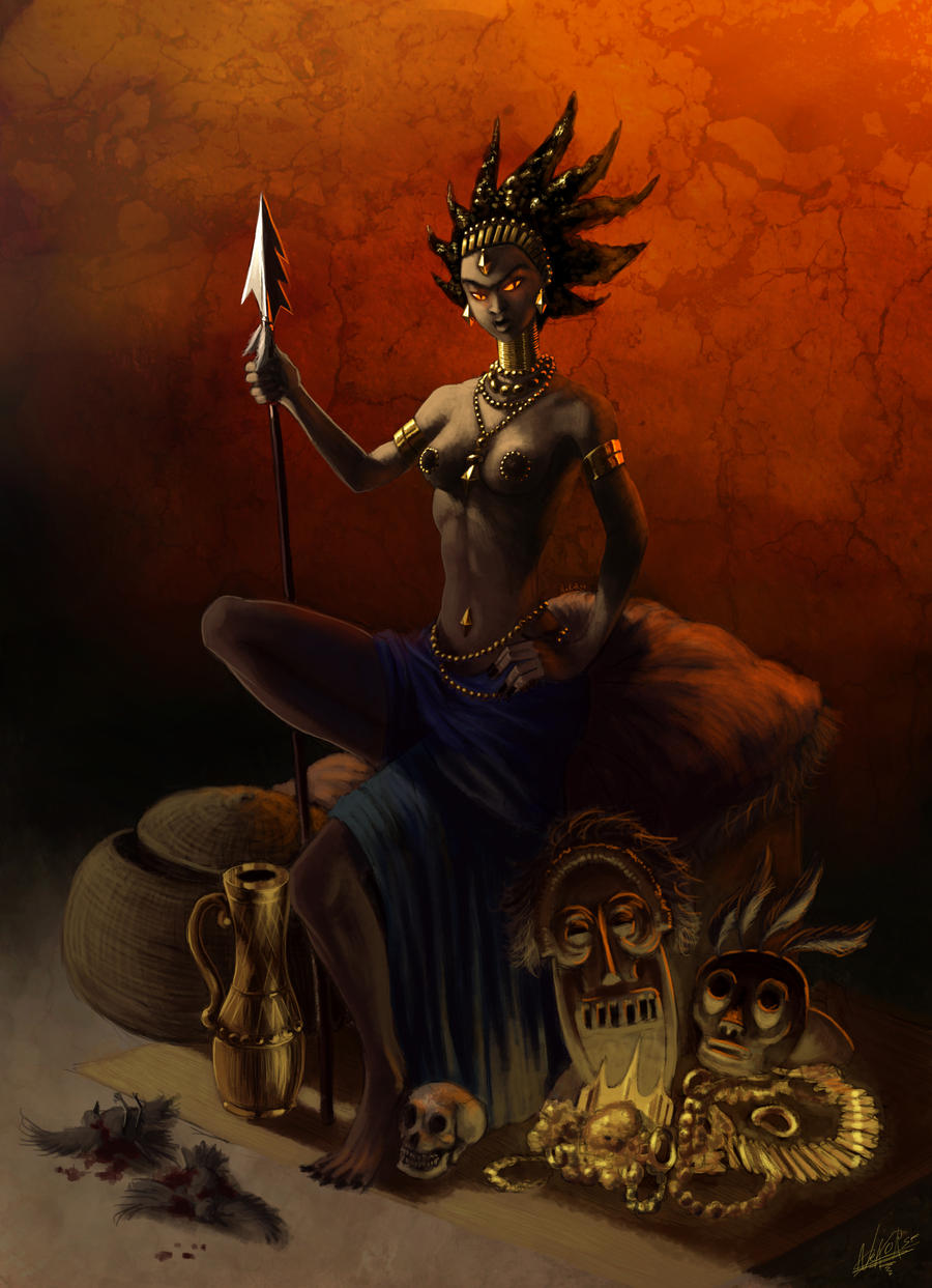 1girls african african_female artistic_nude avian bird blood breasts dark-skinned_female dark_nipples dark_skin dead_animal female female_focus female_only gold_(metal) gold_jewelry karaba kirikou_and_the_sorceress long_hair mature_female melee_weapon milf nekorse nipples polearm skull spear spiky_hair topless topless_female weapon