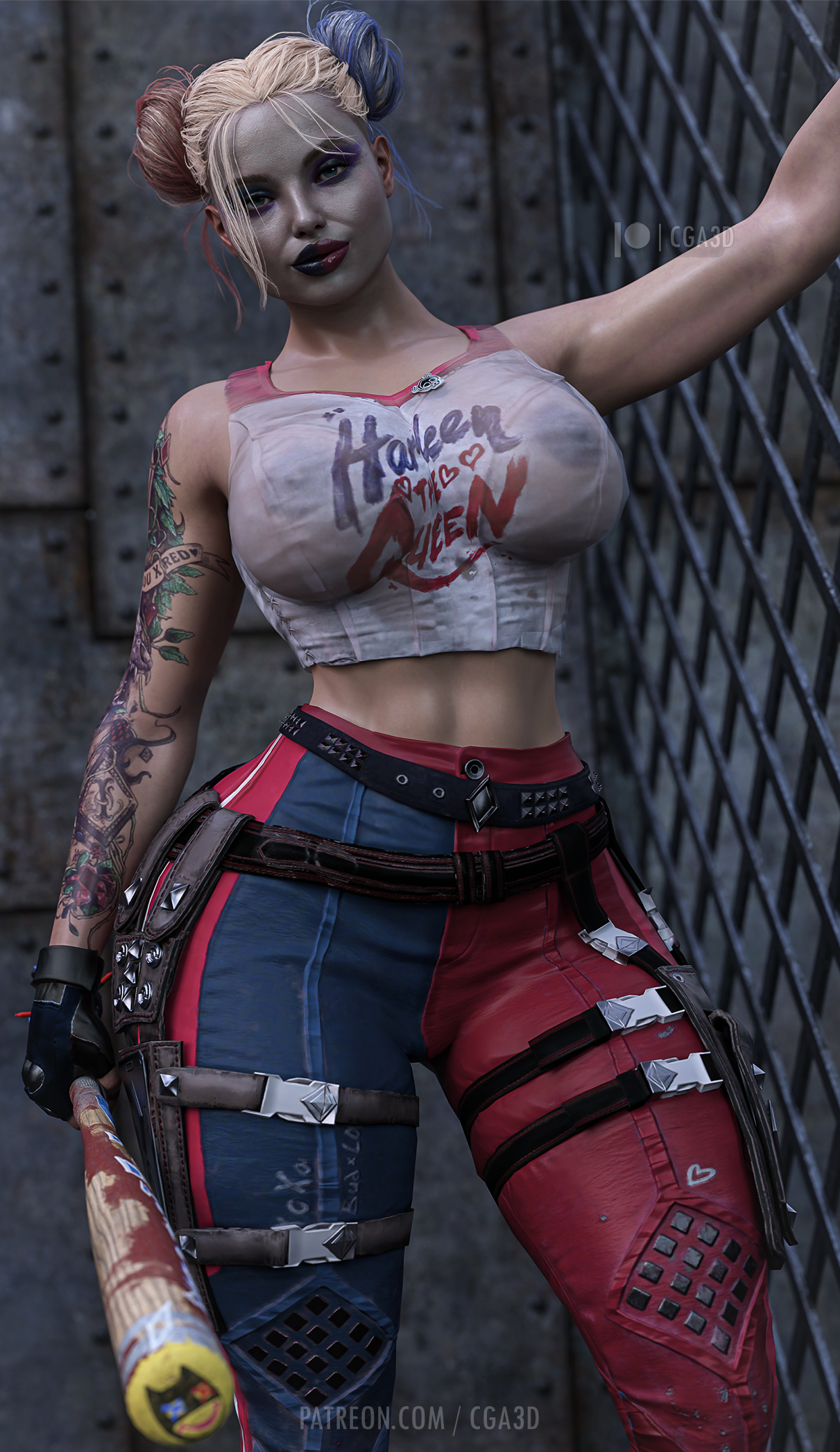 1girls, 3d, abs, alluring, athletic, athletic female, baseball bat, batman (series), big breasts, big thighs, boobs, breasts, busty, cga3d, cleavage, curvaceous, curvy, curvy body, curvy female, daz studio, dc, dc comics, erotichris, facepaint, female, female abs, female only, fit, fit female, fully clothed, harley quinn, harley quinn (arkham), harley quinn (suicide squad game), hourglass figure, large breasts, large thighs, navel, pierced belly button, pose, posing, solo, solo female, suicide squad, suicide squad: kill the justice league, tattoo, tattoos, thick legs, thick thighs, tits, twintails, voluptuous, voluptuous female, wide hips