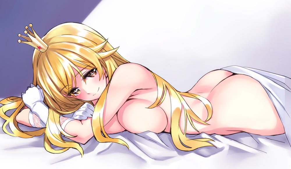 1girls ass blanket blonde_hair breasts female female_only gloves large_breasts long_hair lying naked_female nude on_stomach shokuhou_misaki smile sparkling_eyes teenage_girl teenager to_aru_majutsu_no_index yellow_eyes young younger_female