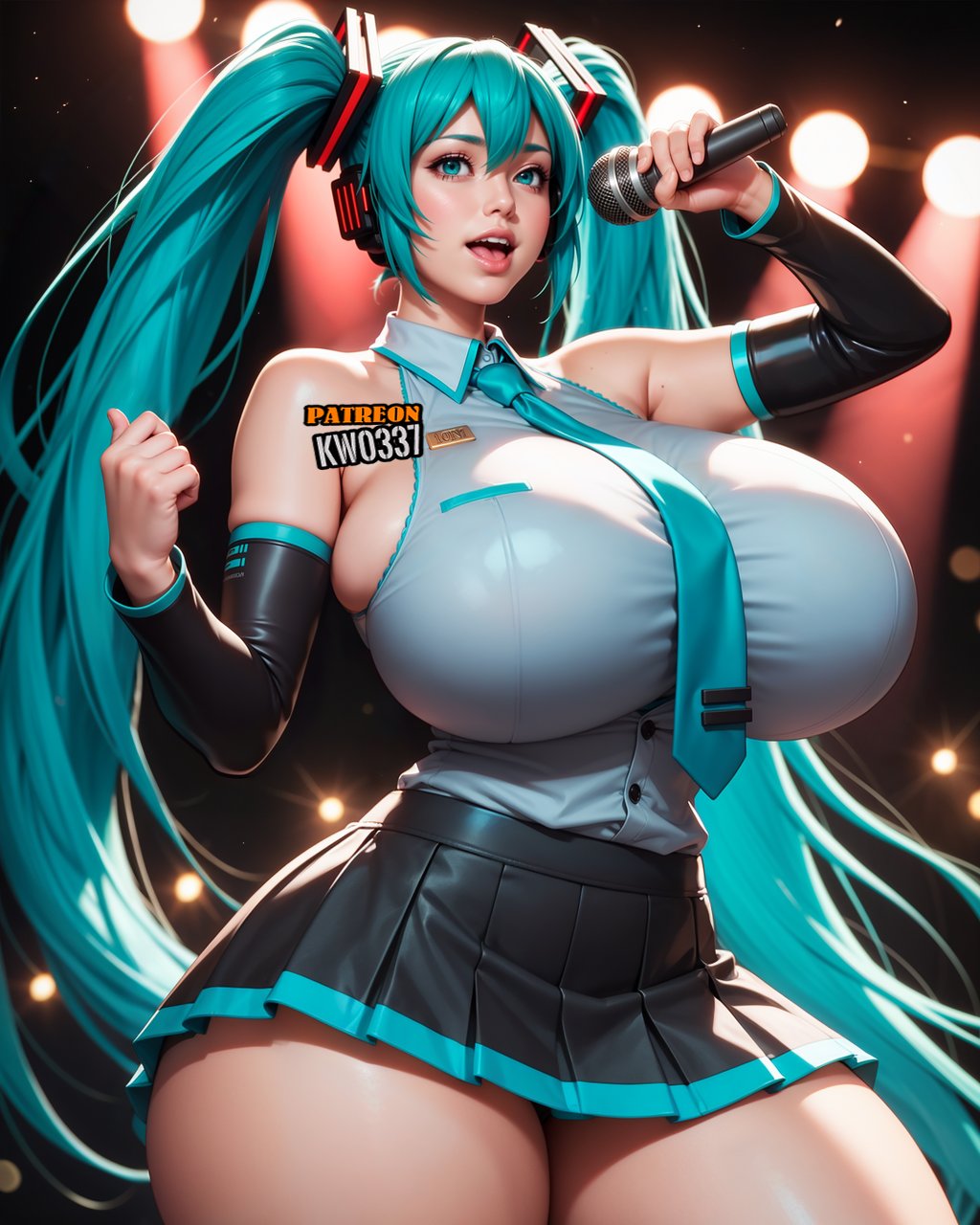 1girls ai_generated big_breasts bimbo bimbo_body blue_green_hair blue_hair female female_only green_hair hatsune_miku kw0337 microskirt robot_girl solo solo_female