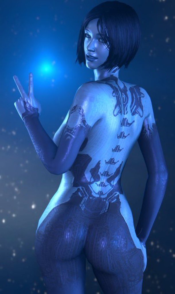 3d, 3d (artwork), ass, back view, big ass, big butt, blue body, blue hair, blue skin, bob cut, cortana, female, halo (series), looking at viewer, looking back at viewer, peace sign, sfm, source filmmaker, video games