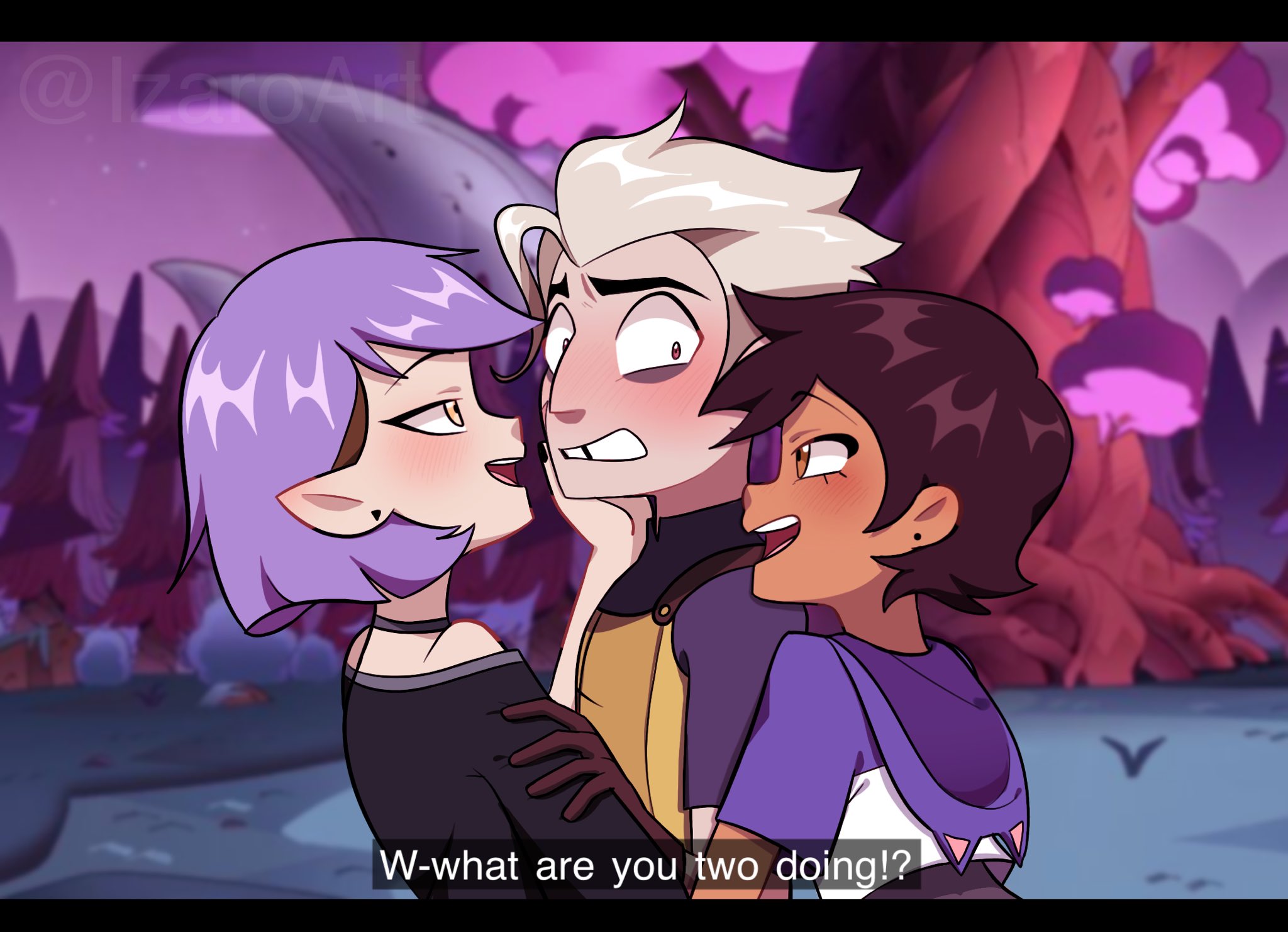 1boy, 2girls, amity blight, bisexual, blonde hair, blush, cuddling, dark skin, dark-skinned female, disney, disney channel, disney xd, earrings, english text, female, flirting, fully clothed, hand on face, hugging, hunter (the owl house), izaroart, light skin, light-skinned female, light-skinned male, luz noceda, male, multiple females, multiple girls, necklace, nervous, outdoors, pale skin, pale-skinned female, parody, purple hair, short hair, smile, standing, straight, straight hair, text, the owl house, watermark