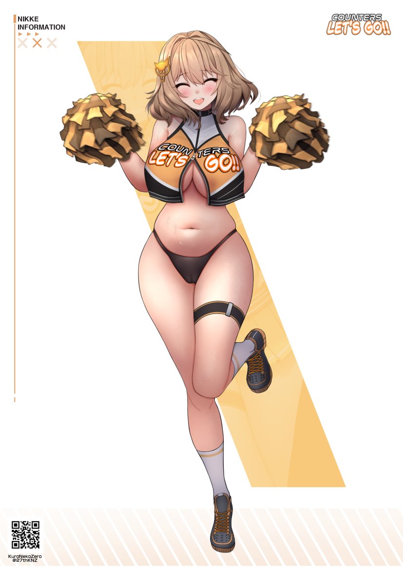 1girls ahoge anis_(nikke) belly belly_button blush brown_hair cameltoe cheerleader cheerleader_outfit closed_eyes female female_only goddess_of_victory:_nikke kuronekozero large_breasts midriff open_clothes pom_poms thick_thighs underboob upper_teeth white_background wide_hips