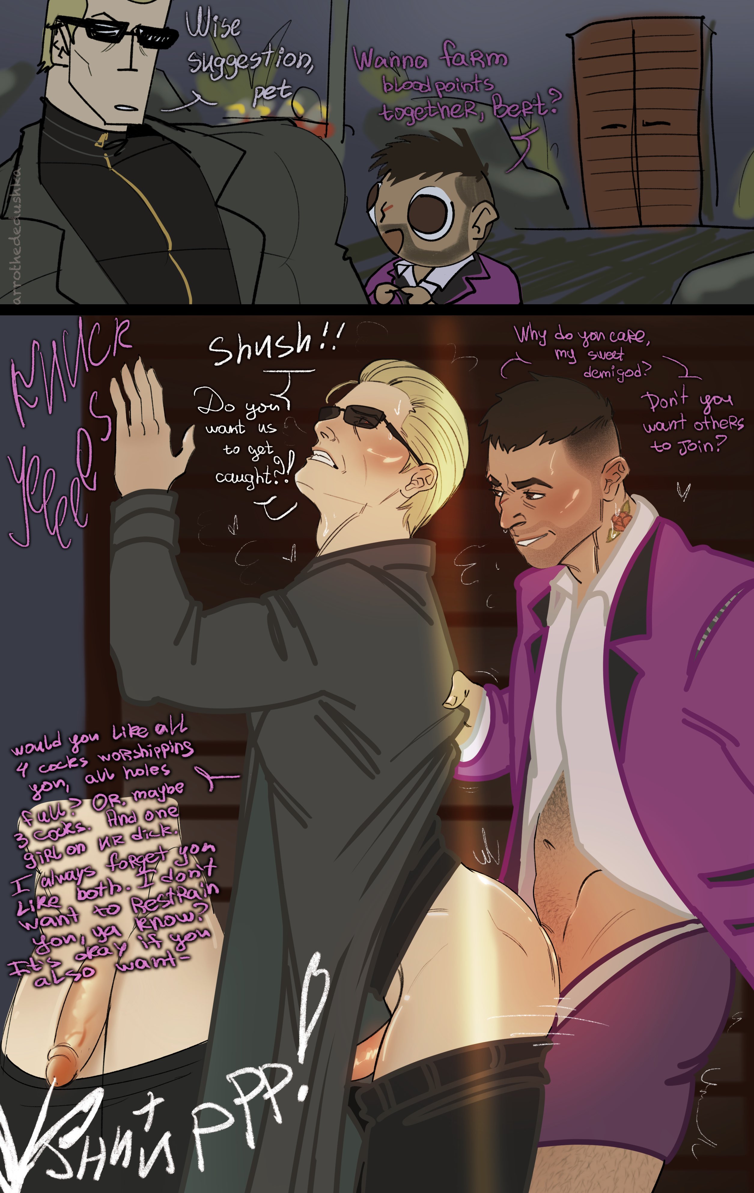2d, age difference, albert wesker, anal, anal sex, arrotheded, ass, blonde hair, bubble butt, crossover, cum, cumming from anal sex, cumming while penetrated, david king, dead by daylight, dilf, dilf bottom, from behind, gay, gay sex, male, male/male, penis, resident evil, secretly loves it, sunglasses, tagme
