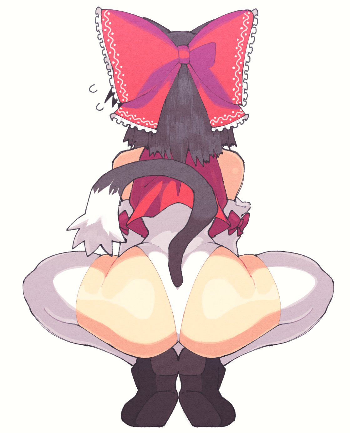 ass, bow, cat tail, crouching, female, inkerton-kun, inkuusan, leotard, reimu hakurei, squatting, tail, thighhighs, touhou