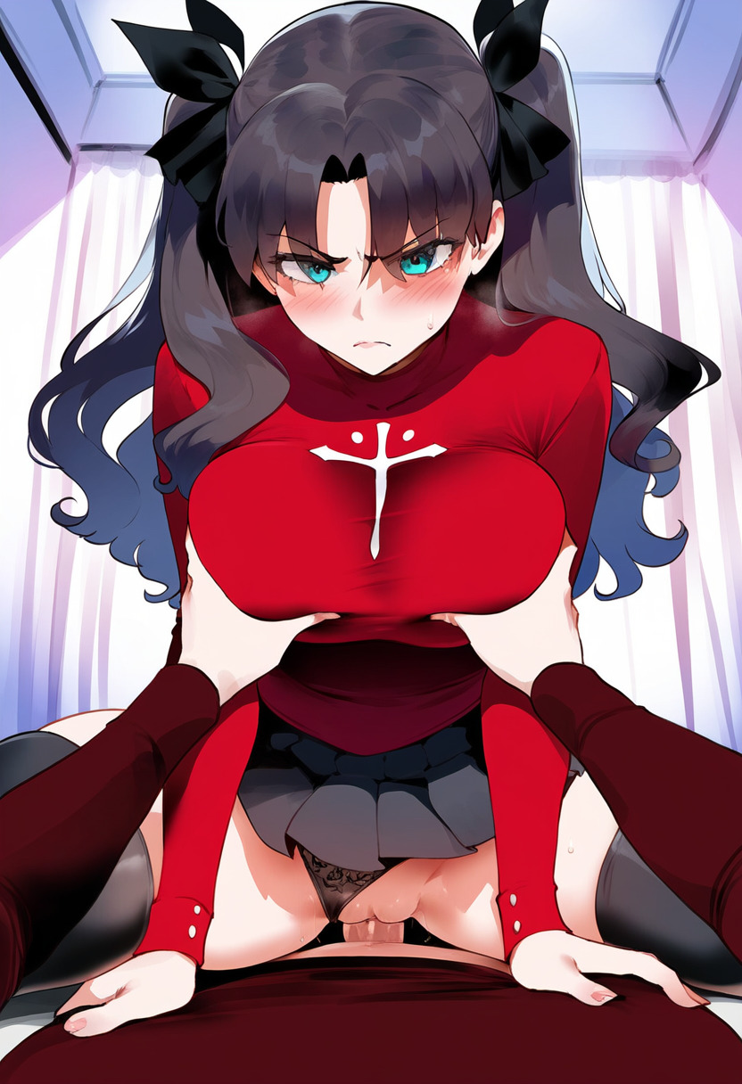 1boy 1girls ai_generated annoyed blush breast_grab cowgirl_position fate_(series) panties_aside penis pov sweater thiccwithaq_(ai_style) tittyg-ai tohsaka_rin uncensored upskirt vaginal_penetration