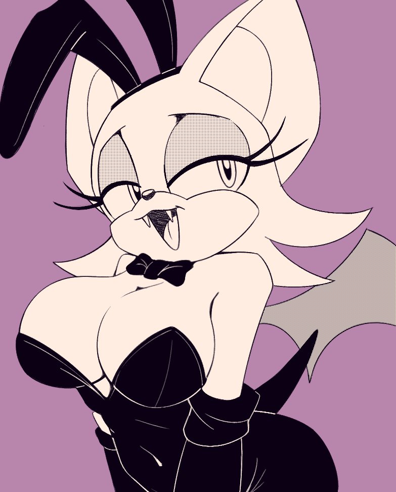 animal ears, anthro, barely contained, barely contained breasts, bat, bat wings, bow, bowtie, breasts, breasts too big, bunny ears, bunnysuit, cleavage, covered navel, eyelashes, eyeshadow, fake animal ears, fangs, female, gloves, half-closed eyes, large breasts, makeup, playboy bunny, precht, rouge the bat, sega, solo, sonic (series), tagme, tight fit, tight fitting clothing, wings