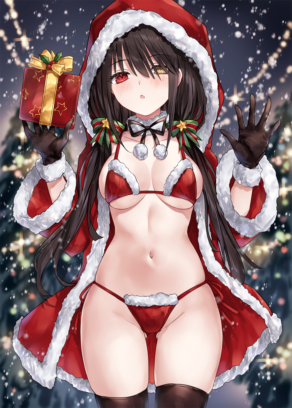 belly, belly button, bikini, black hair, breasts, christmas outfit, date a live, female, female only, gift, gift box, heterochromia, light skin, light-skinned female, long hair, red eyes, santa costume, solo, solo female, stockings, thighs, tokisaki kurumi, twintails