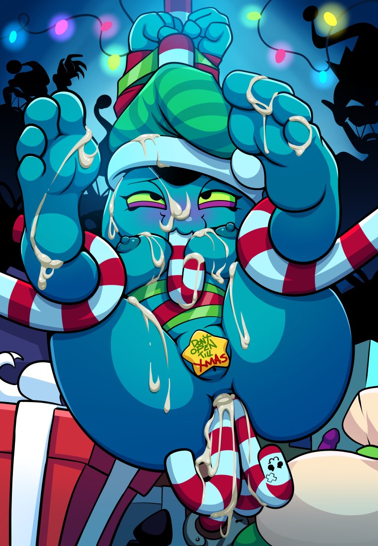 alien anal anal_sex arms_tied blush bodily_fluids bound brawl_stars breasts buttplug candy candy_cane candy_cane_in_ass candy_cane_in_mouth covered_pussy cum cum_covered dessert eve_(brawl_stars) female food genital_fluids gift green_sclera messy nipples penetration plug_(sex_toy) roxley roxley-d sex_toy supercell_(company)