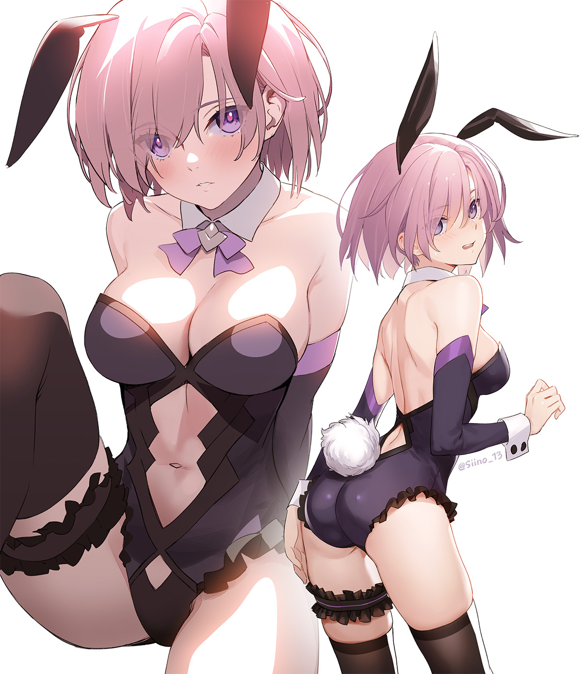 1girls, animal ears, ass, back, back view, bare back, bare shoulders, black legwear, breasts, bunny girl, bunny tail, bunnysuit, cleavage, clothing cutout, detached sleeves, fake animal ears, fate (series), fate/grand order, female, from behind, leg garter, legwear, light skin, light-skinned female, mash kyrielight, medium breasts, midriff, multiple views, pink hair, playboy bunny, purple eyes, revealing clothes, revision, short hair, siino, solo, stomach, thighhighs, thighs