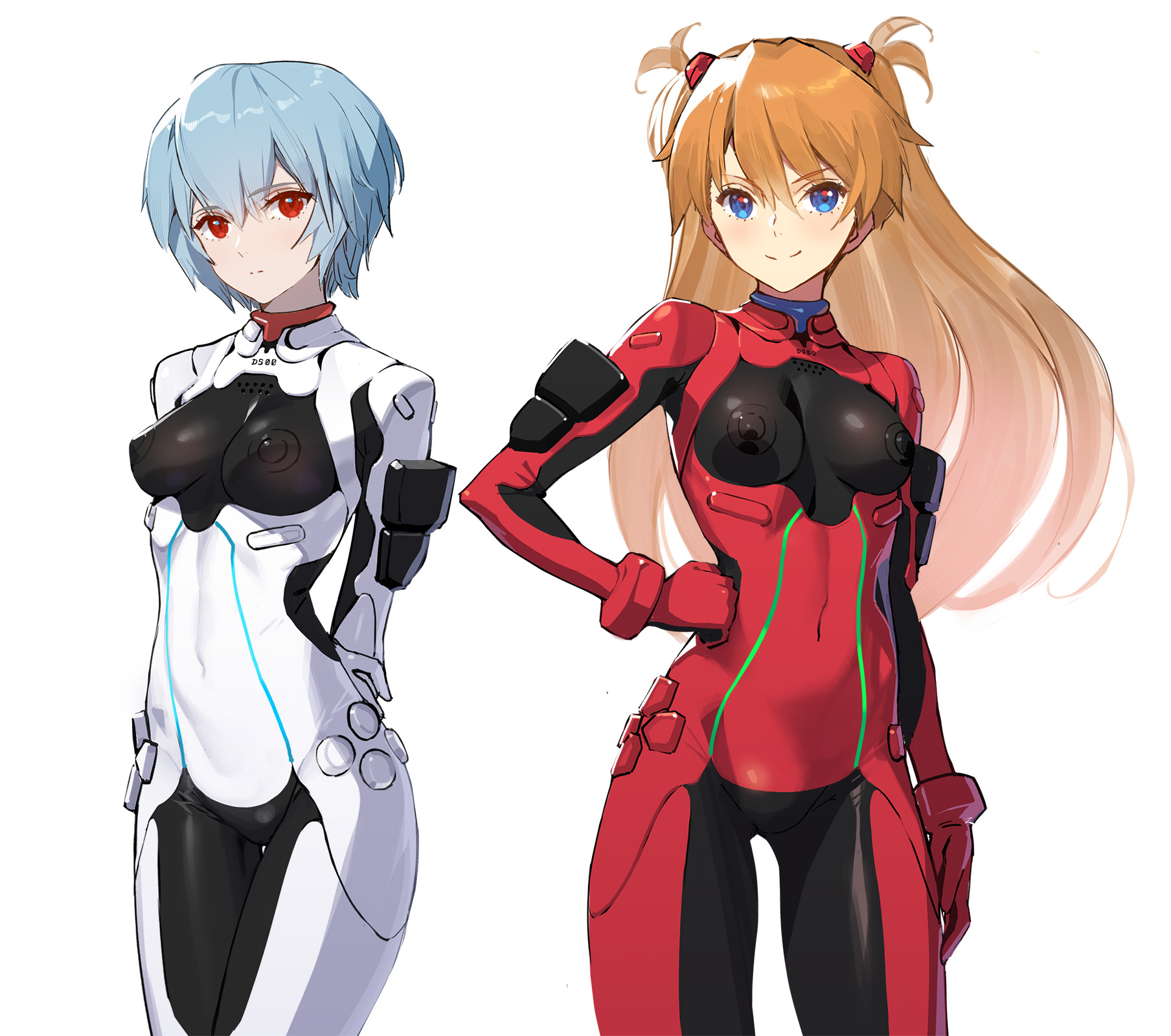 2girls, asuka langley sohryu, blue eyes, blue hair, blush, bodysuit, breasts, clothing, covered nipples, erect nipples, erect nipples under clothes, female, game controller, human, light skin, light-skinned female, long hair, medium breasts, midriff, neon genesis evangelion, nipples, nipples visible through clothing, orange hair, pale skin, pale-skinned female, personification, playstation, playstation controller, plugsuit, red eyes, rei ayanami, revealing clothes, short hair, siino, skin tight, thighs, tight clothing, toned, toned female