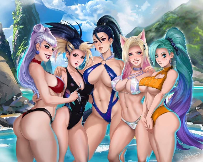 5girls, ahri, akali, bikini, evelynn, female, k/da ahri, k/da akali, k/da all out ahri, k/da all out akali, k/da all out evelynn, k/da all out kai'sa, k/da all out seraphine, k/da all out series, k/da evelynn, k/da kai'sa, k/da series, kai'sa, league of legends, multiple females, multiple girls, one-piece swimsuit, pool, seraphine (league of legends), sfw