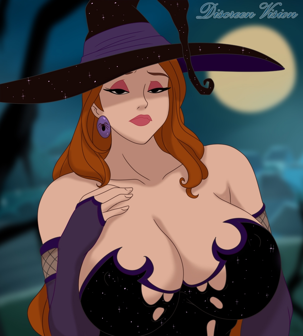 1girls, big breasts, black dress, breasts, brown hair, busty, chubby, chubby female, cleavage, debra (discreenvision), discreenvision, earrings, eyebrows visible through hair, eyelashes, eyeshadow, female, female focus, female only, fingerless gloves, halloween, halloween costume, huge breasts, inusen, large breasts, lips, lipstick, long hair, mature, mature female, milf, mother, older female, solo, solo female, the secret of the house, upper body, witch hat
