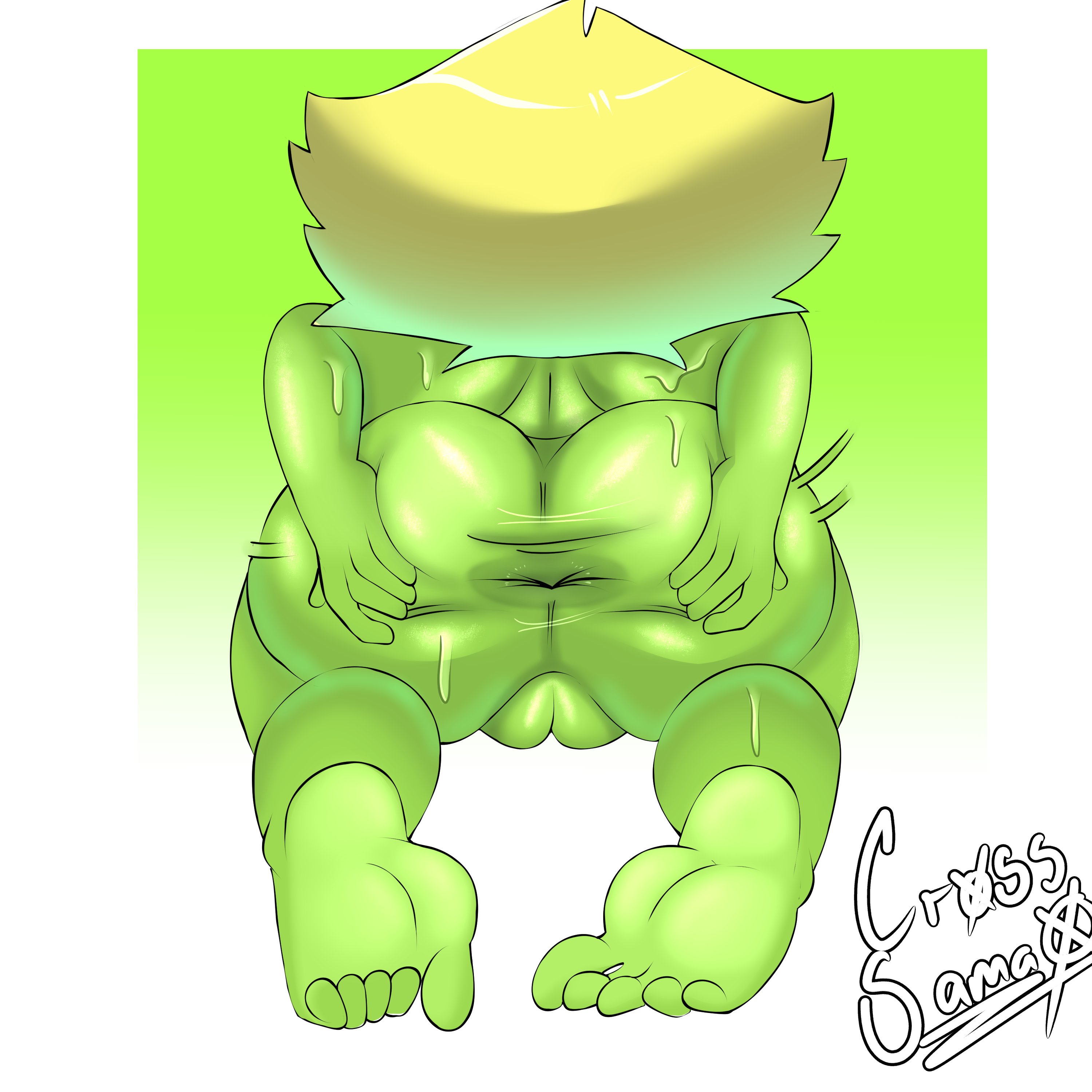 1girls, anus, ass, ass grab, big ass, cross samax, feet, female, female only, gem (species), grabbing own ass, green skin, kneeling, nude, nude female, peridot (steven universe), presenting, presenting anus, presenting hindquarters, pussy, shortstack, soles, solo, spread ass, spreading, steven universe, sweat