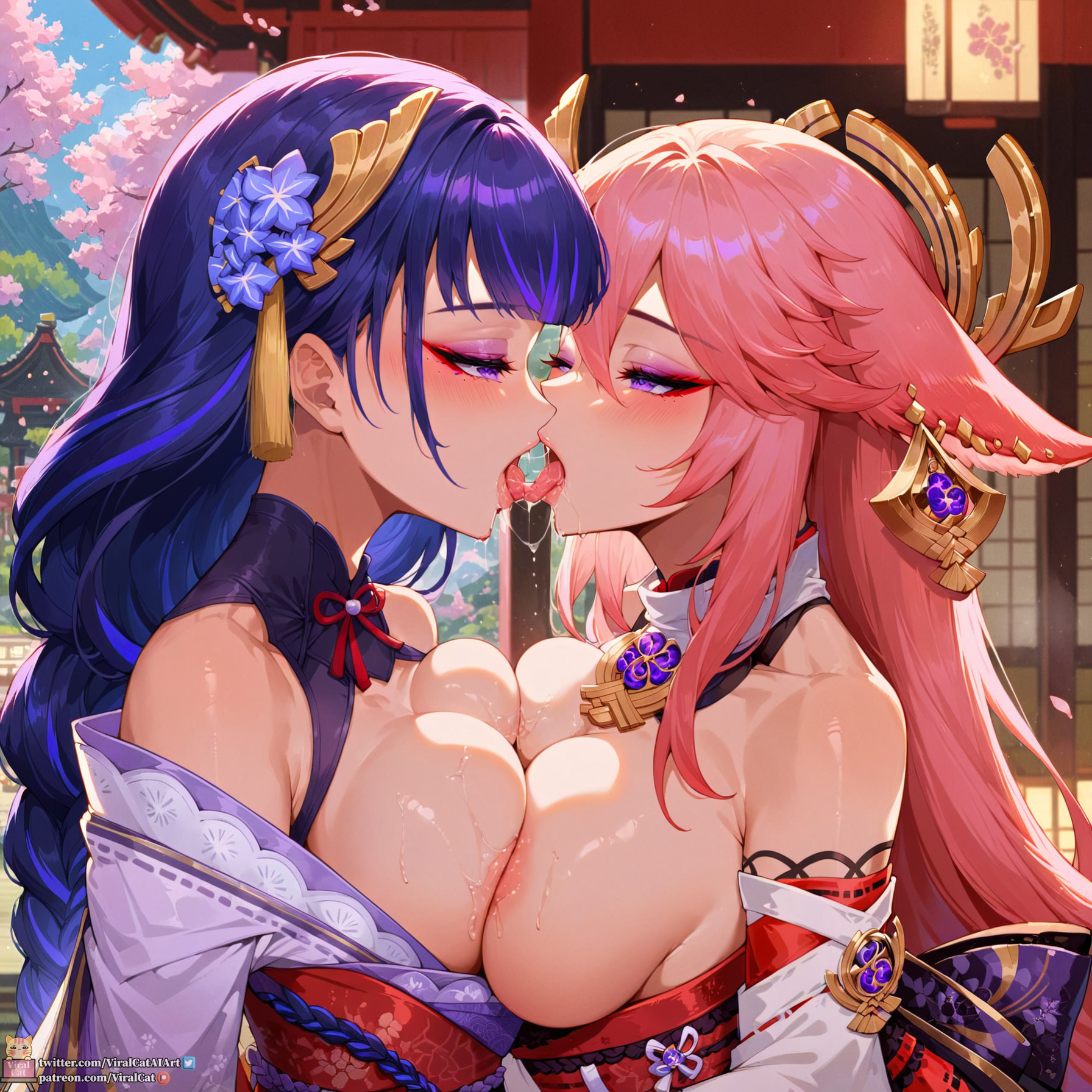 2024, 2girls, ai generated, animal ears, big breasts, breast press, breasts, clothed, clothing, detailed background, duo, eyelashes, eyeshadow, female, french kiss, french kissing, genshin impact, hair ornament, horny, huge breasts, japanese clothes, japanese clothing, kissing, large breasts, lesbian kiss, long hair, looking at partner, looking pleasured, makeup, male, mature female, naughty face, penis, pink hair, purple eyes, purple hair, raiden shogun, saliva, saliva on tongue, saliva trail, sloppy, sloppy kiss, tongue, tongue kiss, tongue out, veiny penis, viralcat, yae miko, yuri