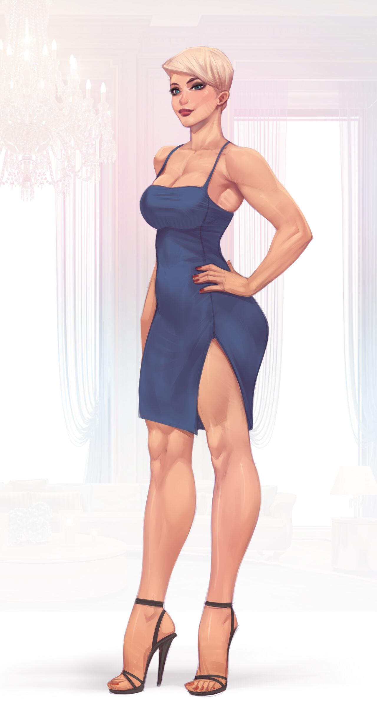 1girls blonde_hair blonde_hair_female calves clothed clothing dress female female_only full_body fully_clothed high_heels muscular_female rino99 short_hair solo stiletto_heels toned_female very_high_heels