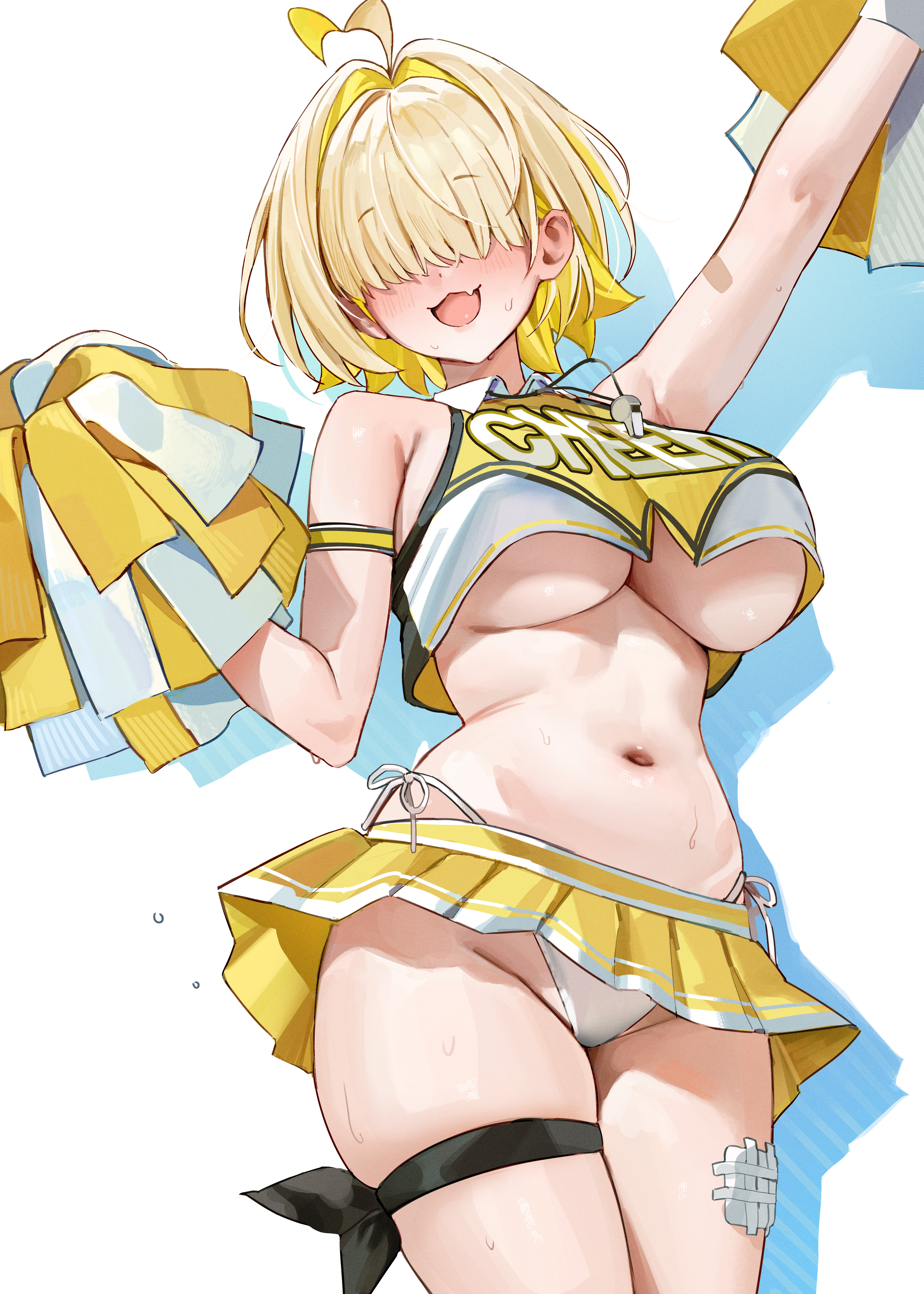 :3, :3d, 1girls, ahoge, belly button, blonde hair, blush, breasts, cheerleader, cheerleader uniform, cute fang, elegg (nikke), female, female only, fungi (fungi542/gompang 11), goddess of victory: nikke, hair over eyes, large breasts, midriff, oerba yun fang, open mouth, panties, pantyshot, pom poms, sweat, thick thighs, thigh strap, underboob, upskirt, white background