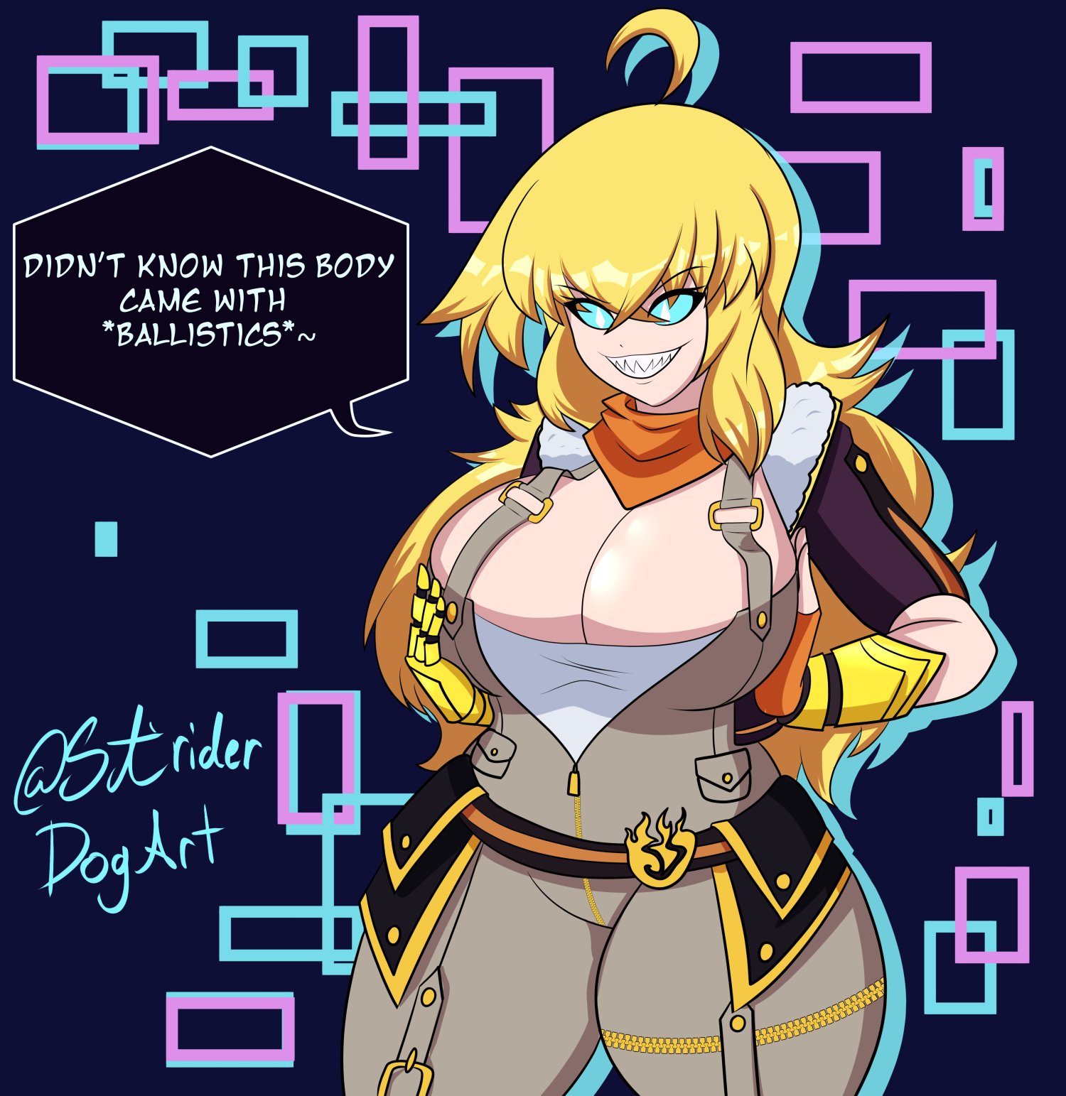 ahoge, blonde hair, breast grab, breast squeeze, breasts, cat, cleavage, curious cat (rwby), dubious consent, english text, female, grabbing own breast, male, male in female body, mind control, possessed, possession, rwby, smile, striderdogart, text, yang xiao long