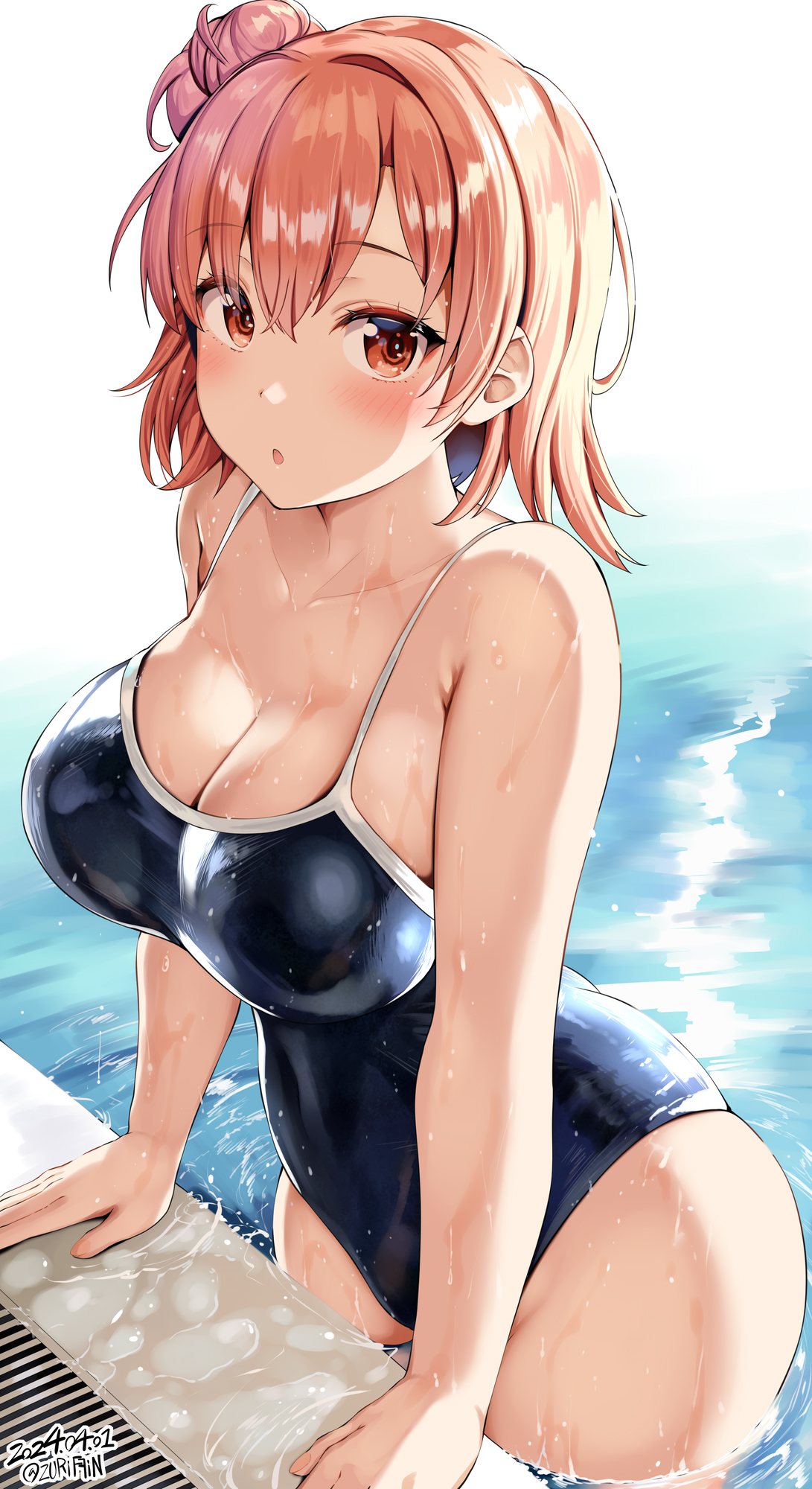 artist name, ass, belko, blue one-piece swimsuit, blush, breasts, brown hair, cleavage, collarbone, female, hair bun, highres, large breasts, my teen romantic comedy snafu, one-piece swimsuit, parted lips, pool, short hair, swimsuit, thick thighs, thighs, water, wet, wide hips, yuigahama yui