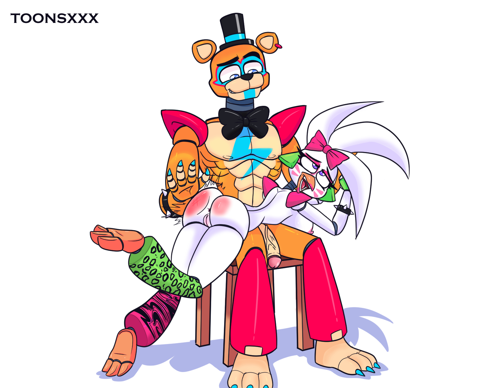 2022, animatronic, animatronics, anus, areola, ass, ass focus, big penis, breasts, dick, eltoonsz, female, five nights at freddy's, five nights at freddy's: security breach, glamrock chica (fnaf), glamrock freddy (fnaf), male, nipples, penis, pussy, scottgames, spanked butt, spanking, spanking ass, straight, toonsxxx, white background