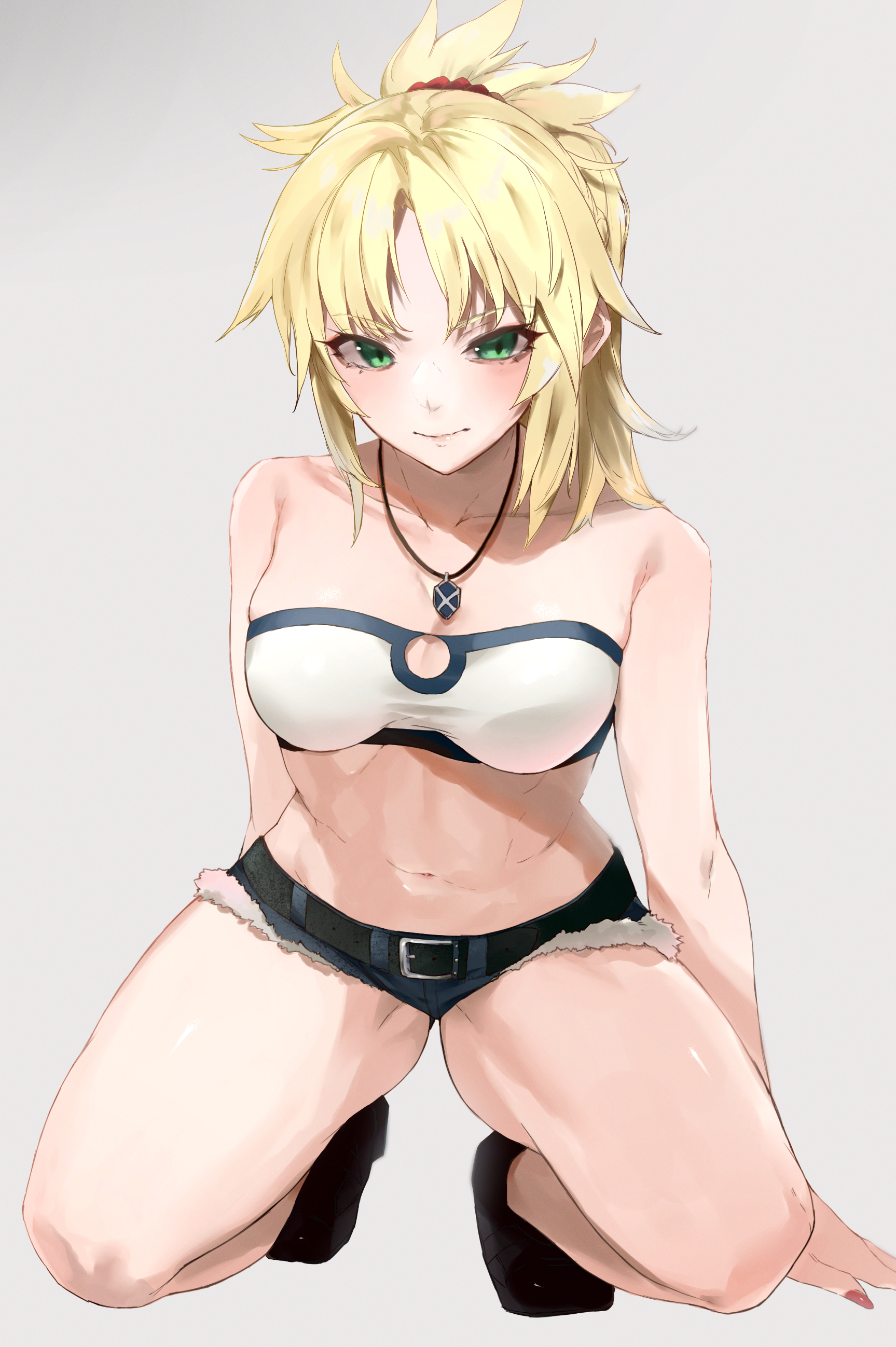 1girls, 2022, blonde hair, blush, booty shorts, breasts, clothed, clothed female, embarrassed, fate (series), fate/apocrypha, fate/grand order, female, female only, green eyes, hi res, hips, jean shorts, kataku musou, kneeling, long hair, looking at viewer, medium breasts, midriff, mordred (fate), necklace, ponytail, short shorts, shorts, simple background, slim waist, tank top, thick thighs, thighs, tubetop, wide hips
